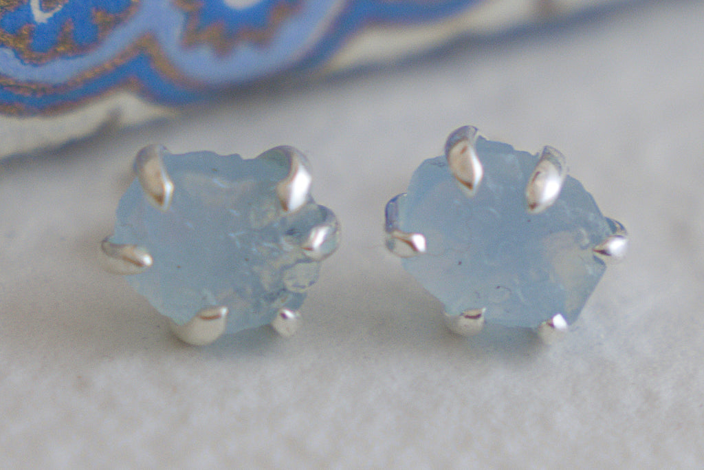 Raw Aquamarine Sterling Silver Stud Earrings