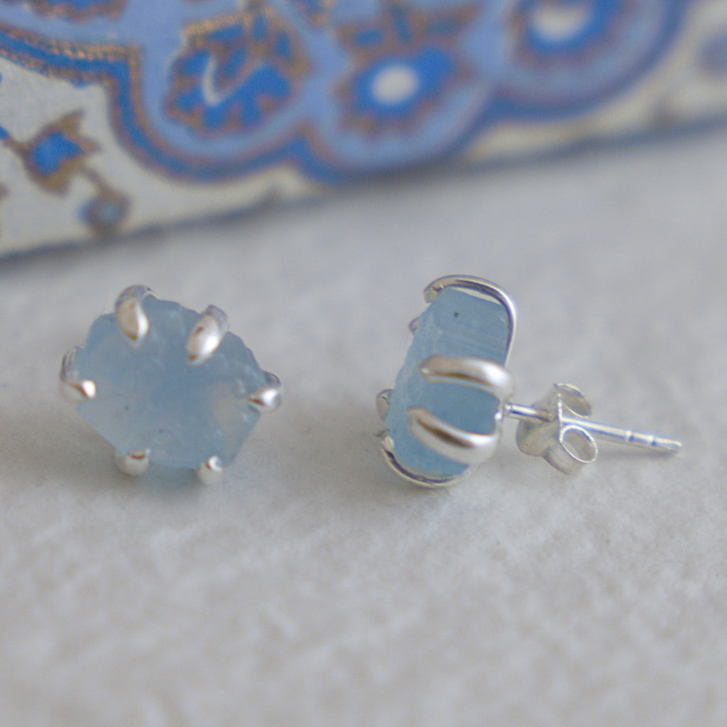 Raw Aquamarine Sterling Silver Stud Earrings