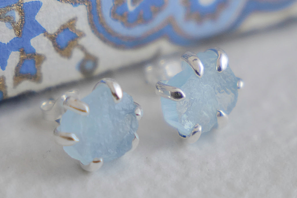 Raw Aquamarine Sterling Silver Stud Earrings