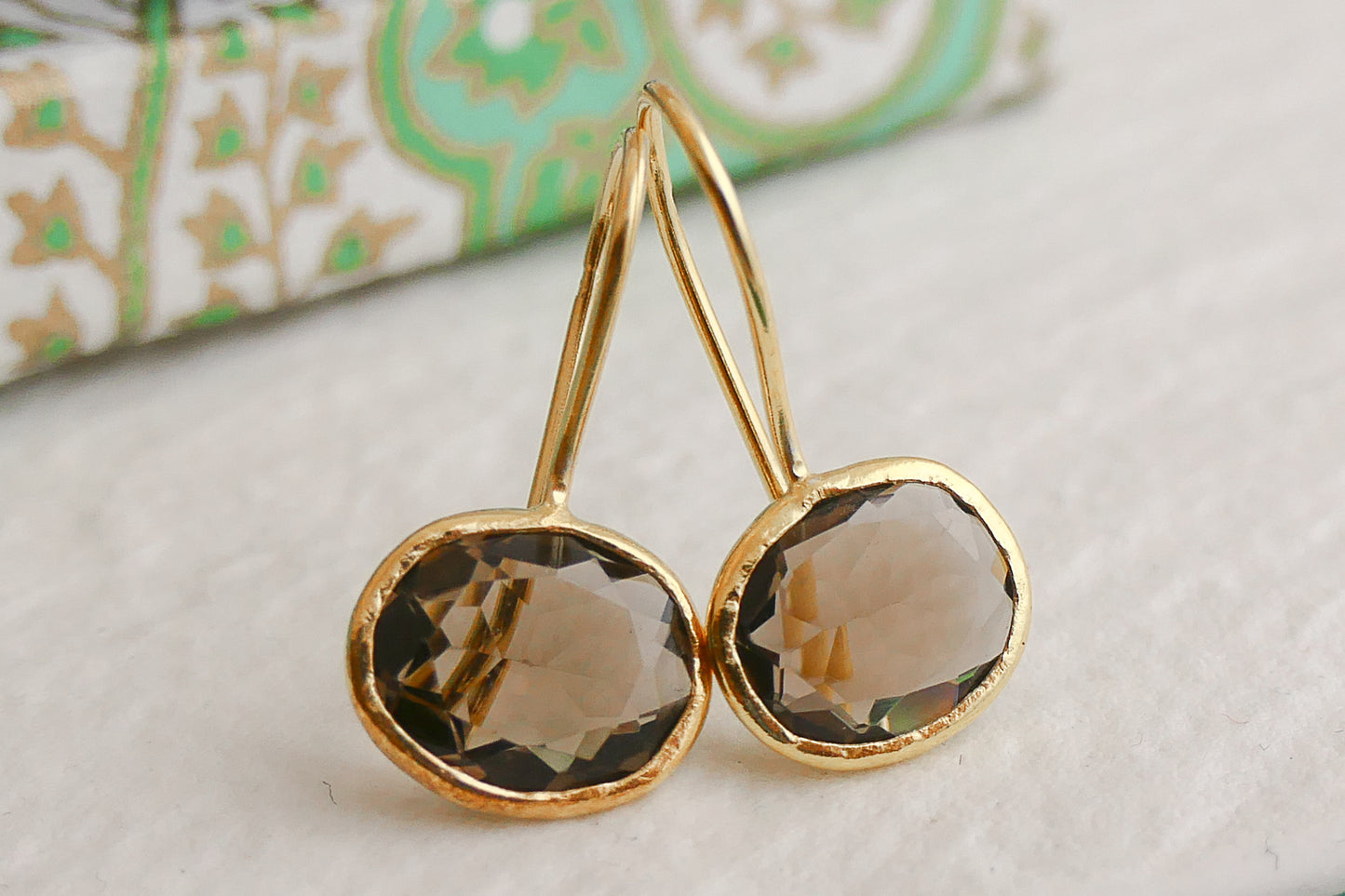 Smoky Quartz Oval Drop Sterling Silver Gold Plated Earrings