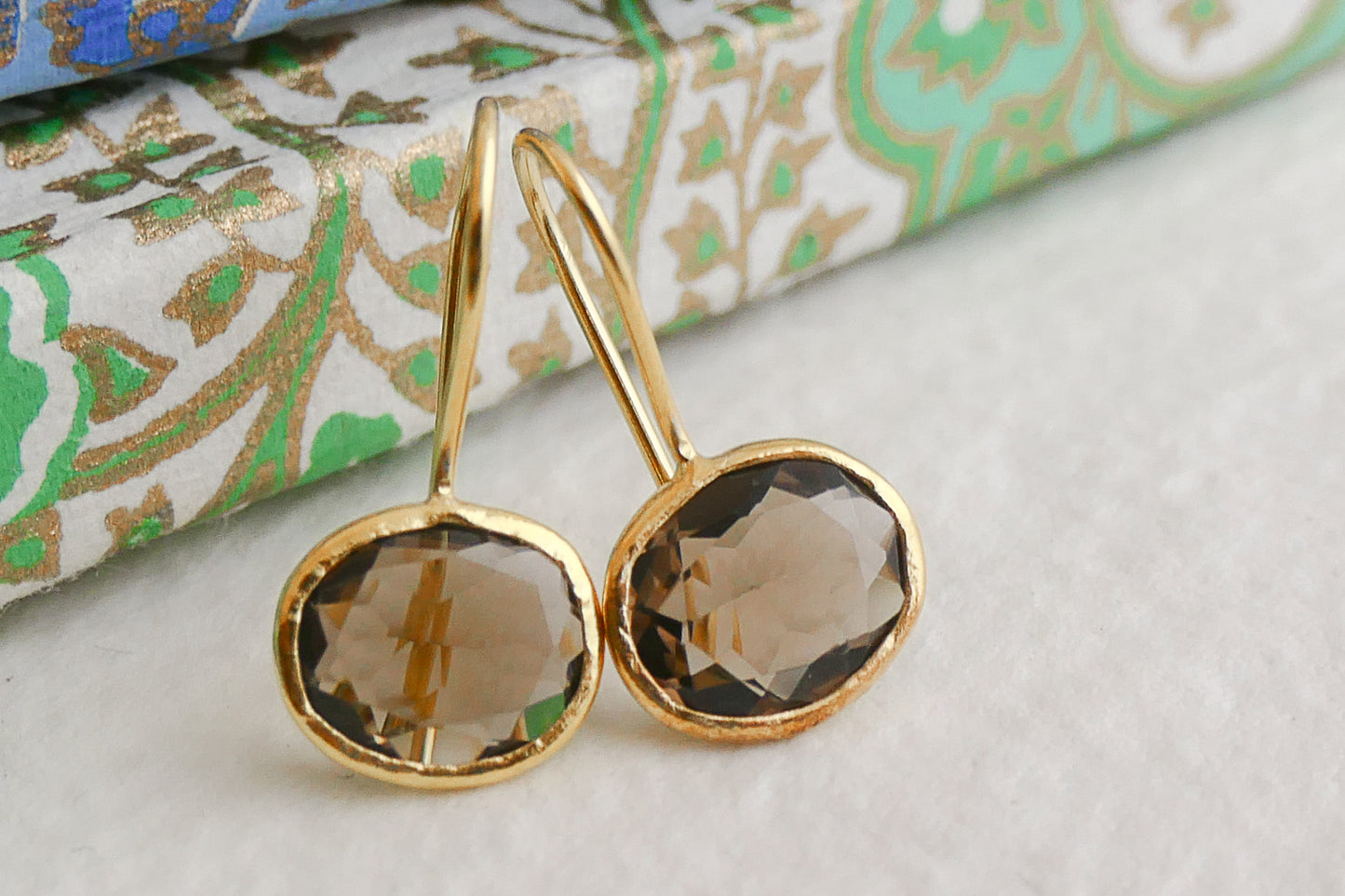 Smoky Quartz Oval Drop Sterling Silver Gold Plated Earrings
