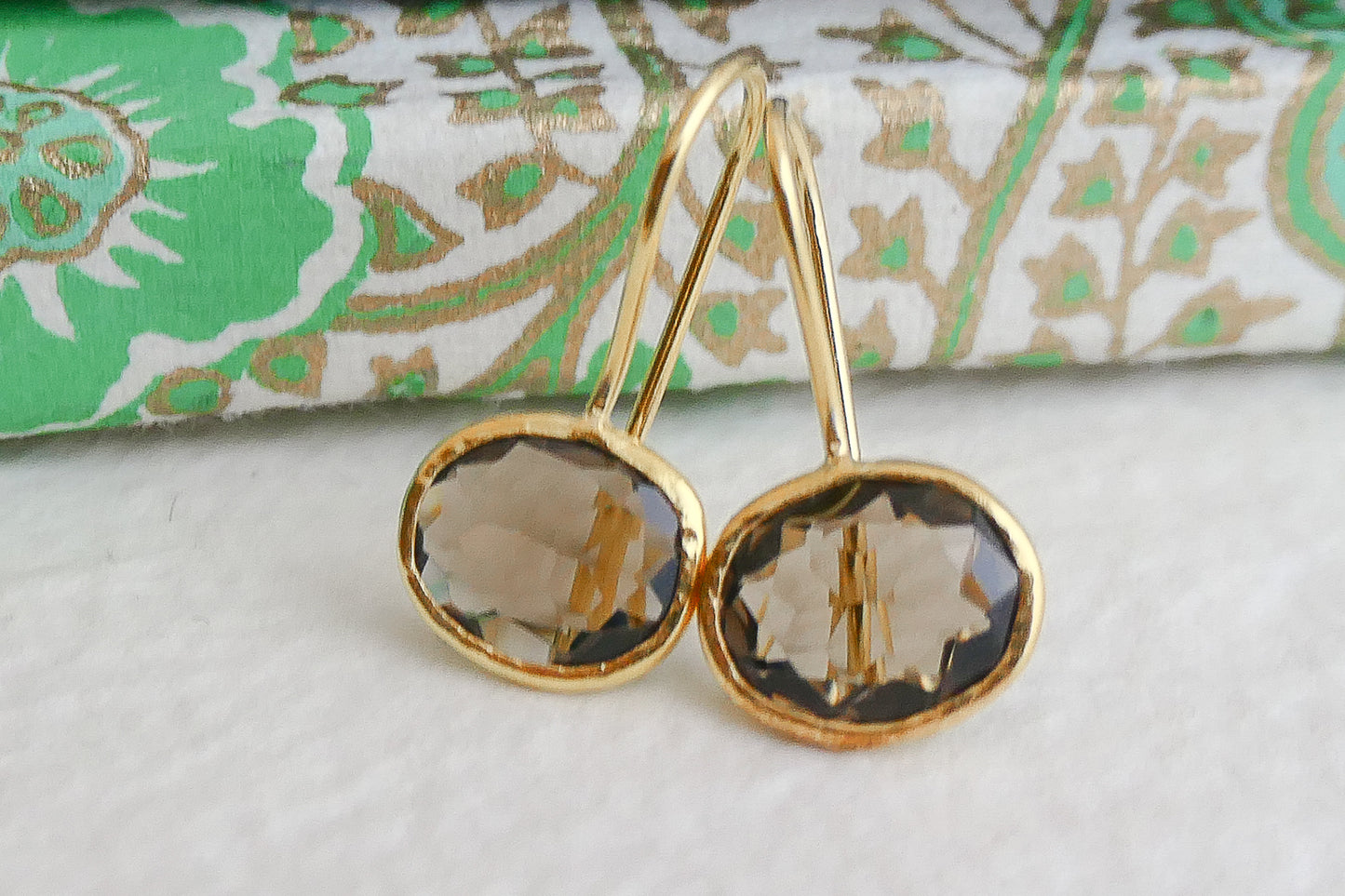 Smoky Quartz Oval Drop Sterling Silver Gold Plated Earrings