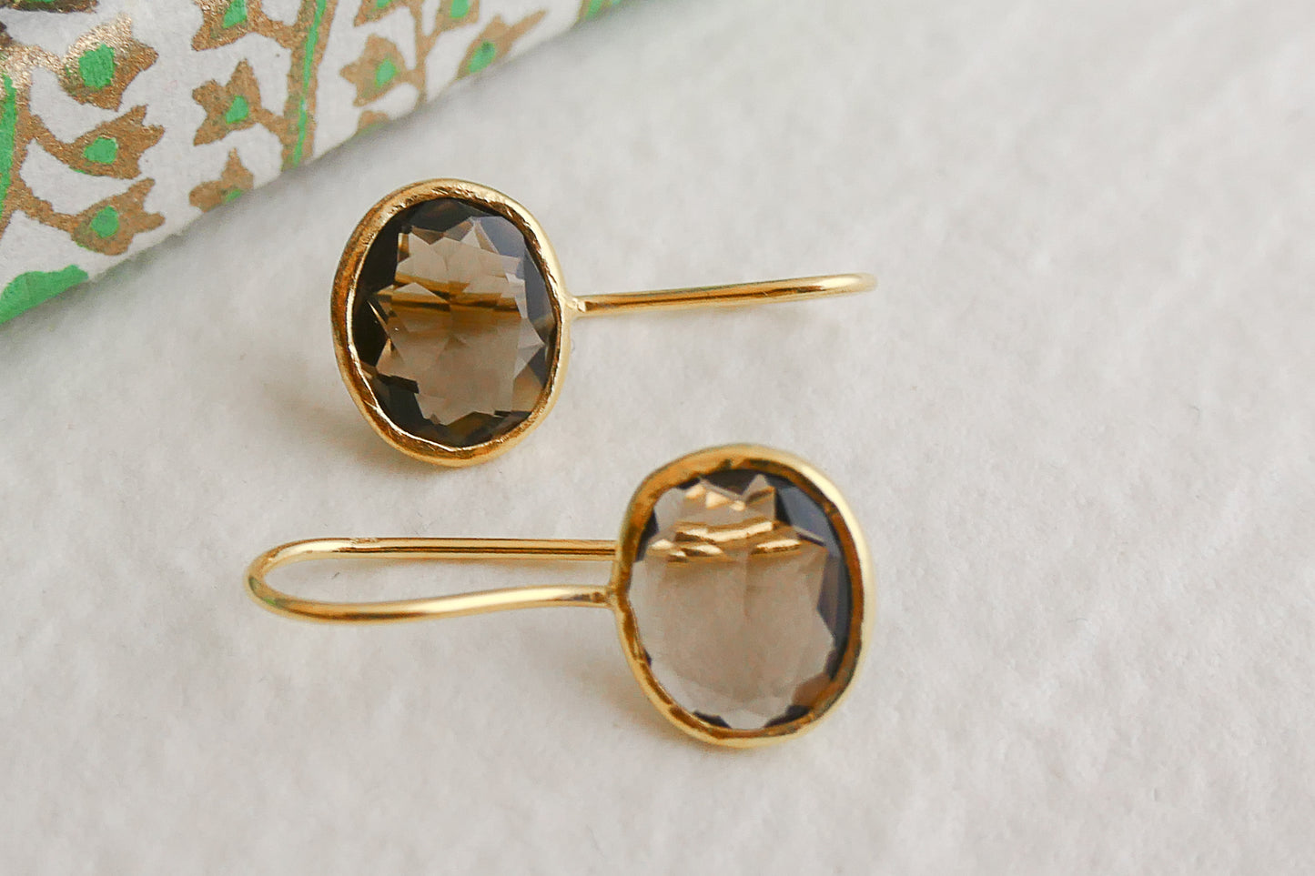 Smoky Quartz Oval Drop Sterling Silver Gold Plated Earrings
