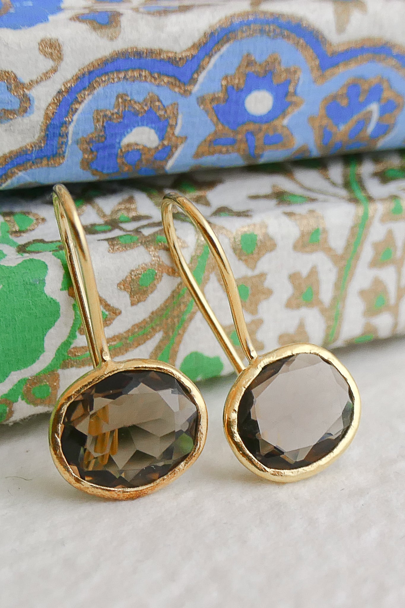 Smoky Quartz Oval Drop Sterling Silver Gold Plated Earrings