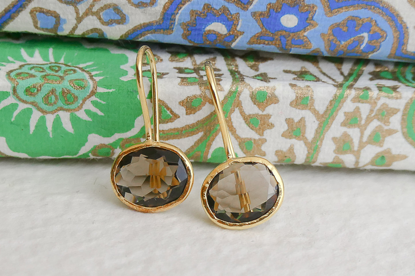 Smoky Quartz Oval Drop Sterling Silver Gold Plated Earrings