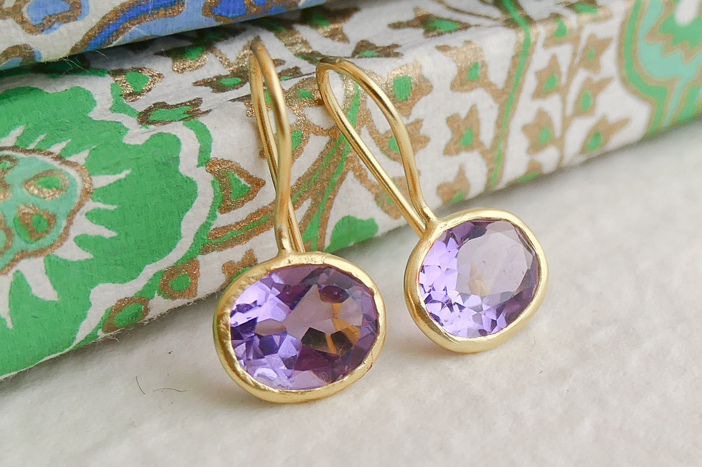 Amethyst Oval Drop Sterling Silver Gold Plated Earrings