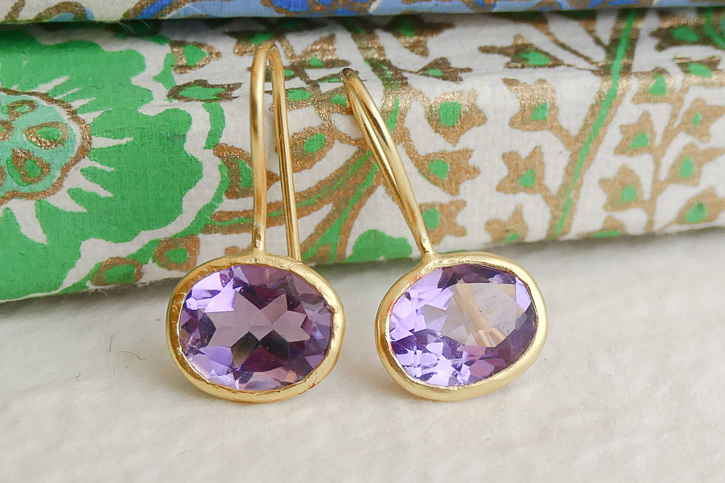 Amethyst Oval Drop Sterling Silver Gold Plated Earrings