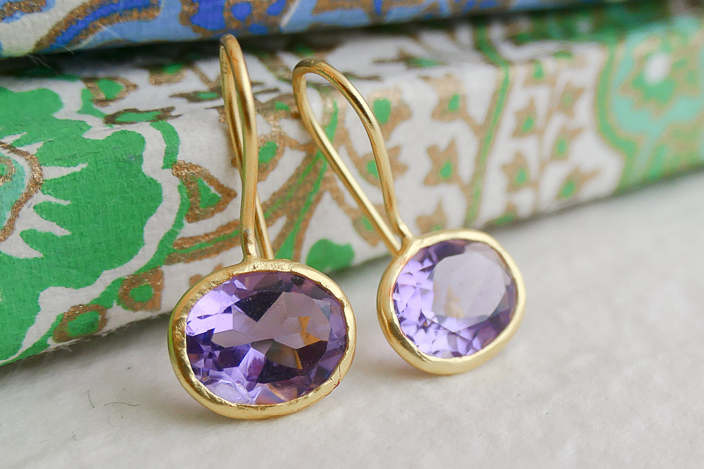 Amethyst Oval Drop Sterling Silver Gold Plated Earrings