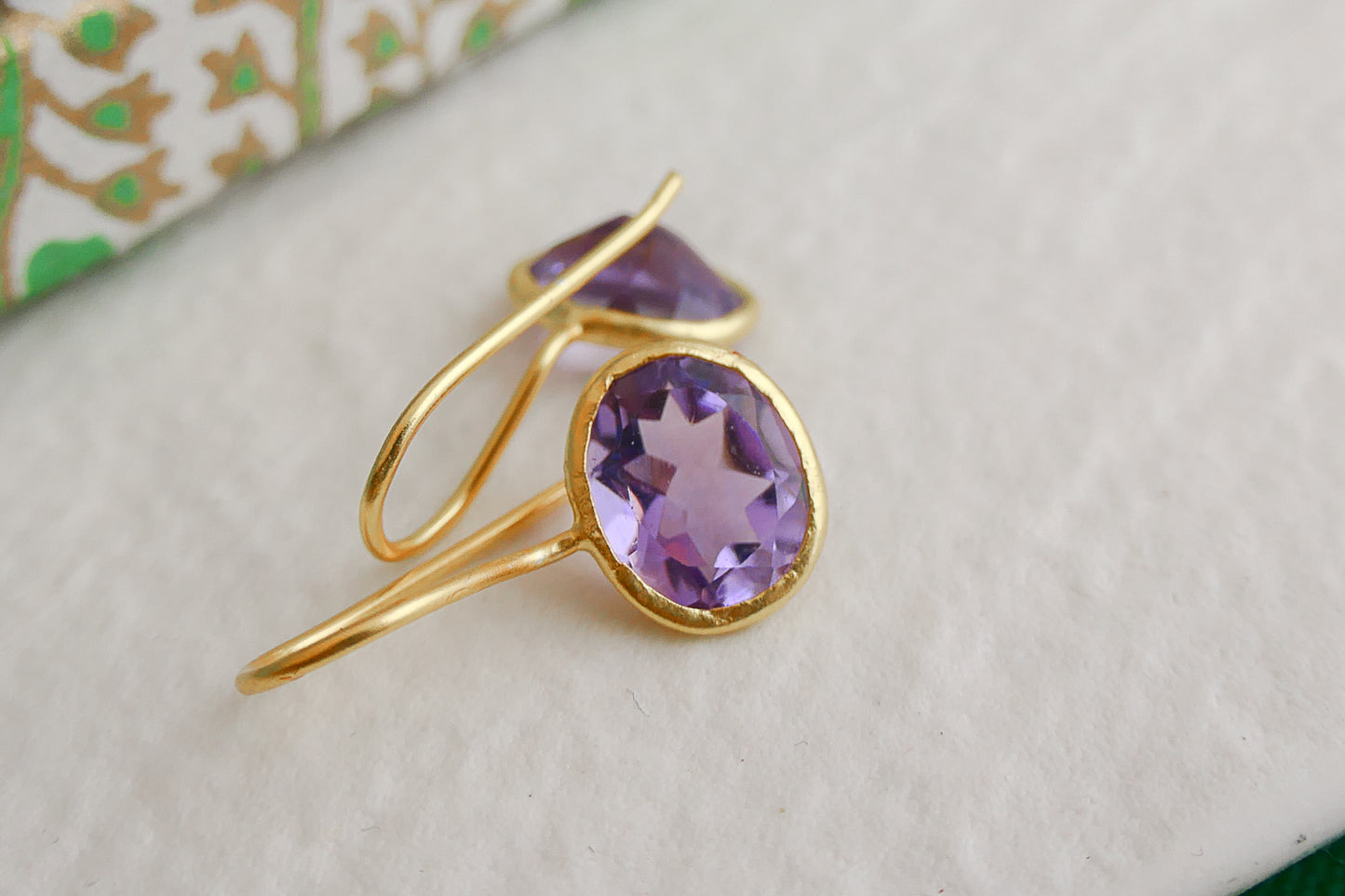 Amethyst Oval Drop Sterling Silver Gold Plated Earrings