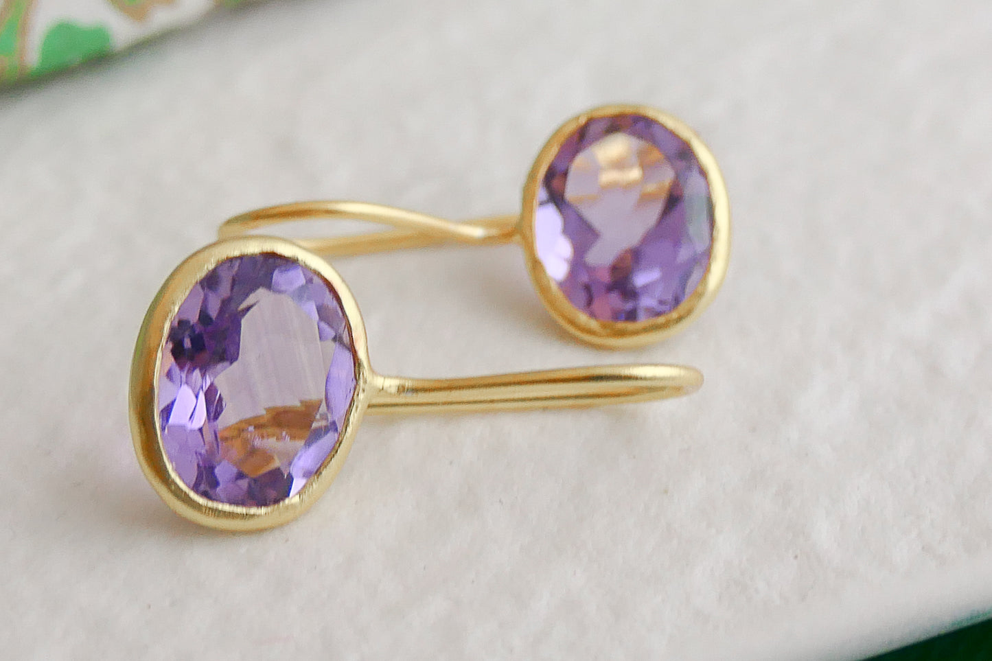 Amethyst Oval Drop Sterling Silver Gold Plated Earrings