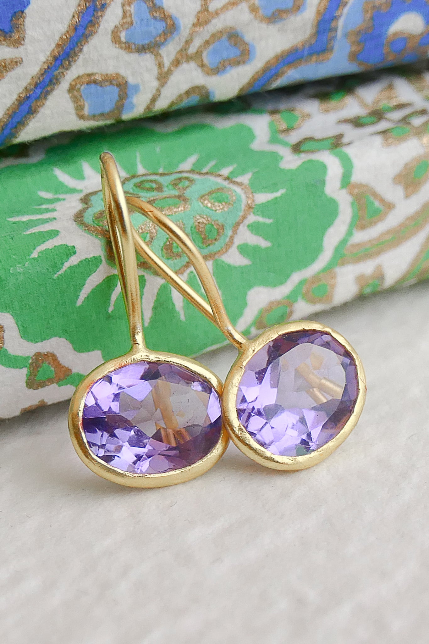Amethyst Oval Drop Sterling Silver Gold Plated Earrings