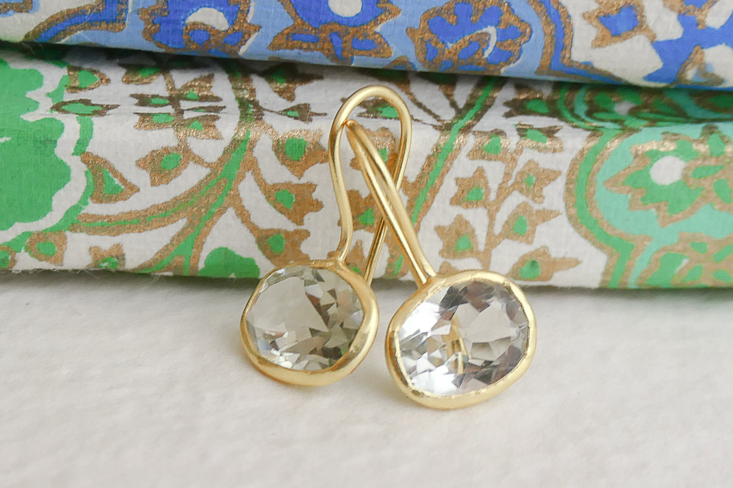 Green Amethyst Oval Drop Sterling Silver Gold Plated Earrings