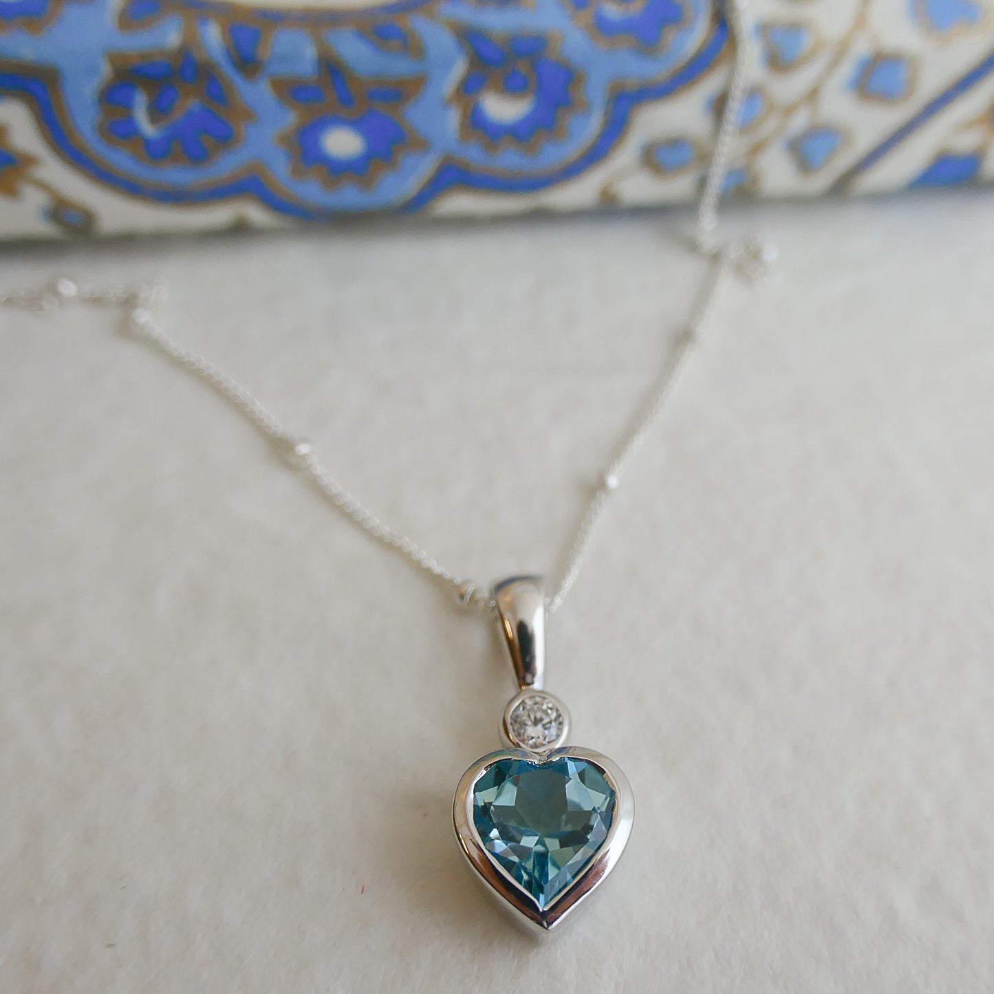 Blue Topaz and Zircon Heart Sterling Silver Necklace