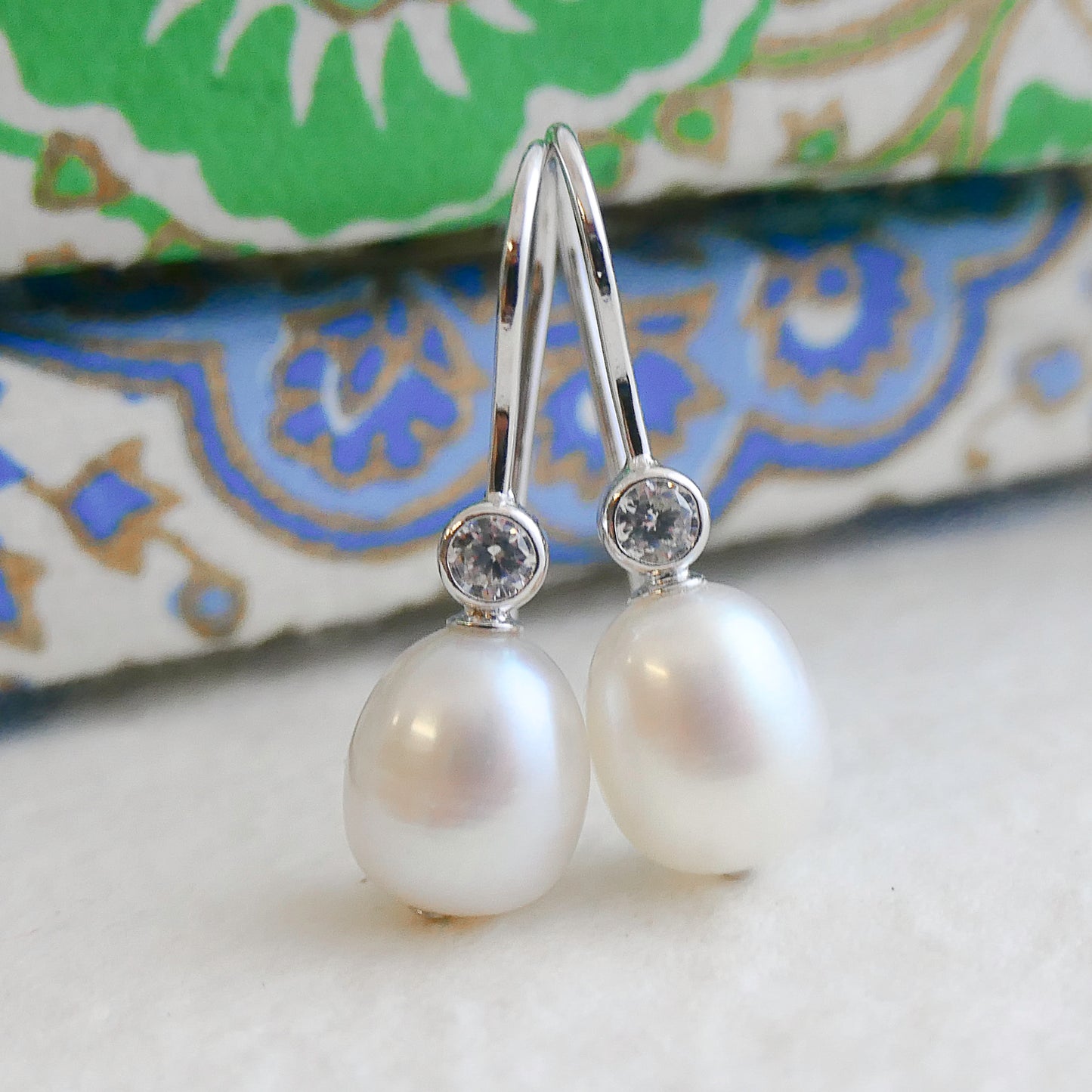 8-9mm Cultured Freshwater Pearl and Cubic Zirconia Sterling Silver Drop Dangle Earrings
