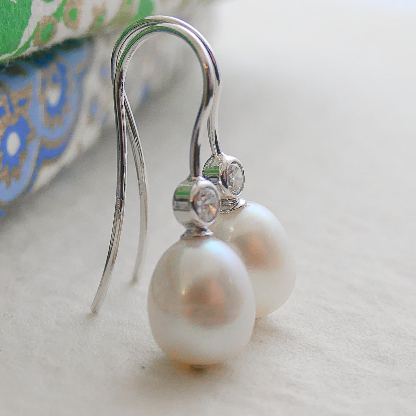 8-9mm Cultured Freshwater Pearl and Cubic Zirconia Sterling Silver Drop Dangle Earrings