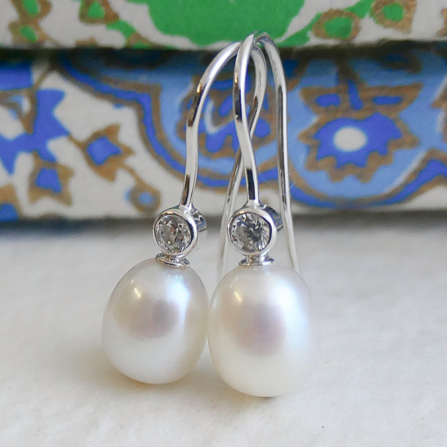 8-9mm Cultured Freshwater Pearl and Cubic Zirconia Sterling Silver Drop Dangle Earrings