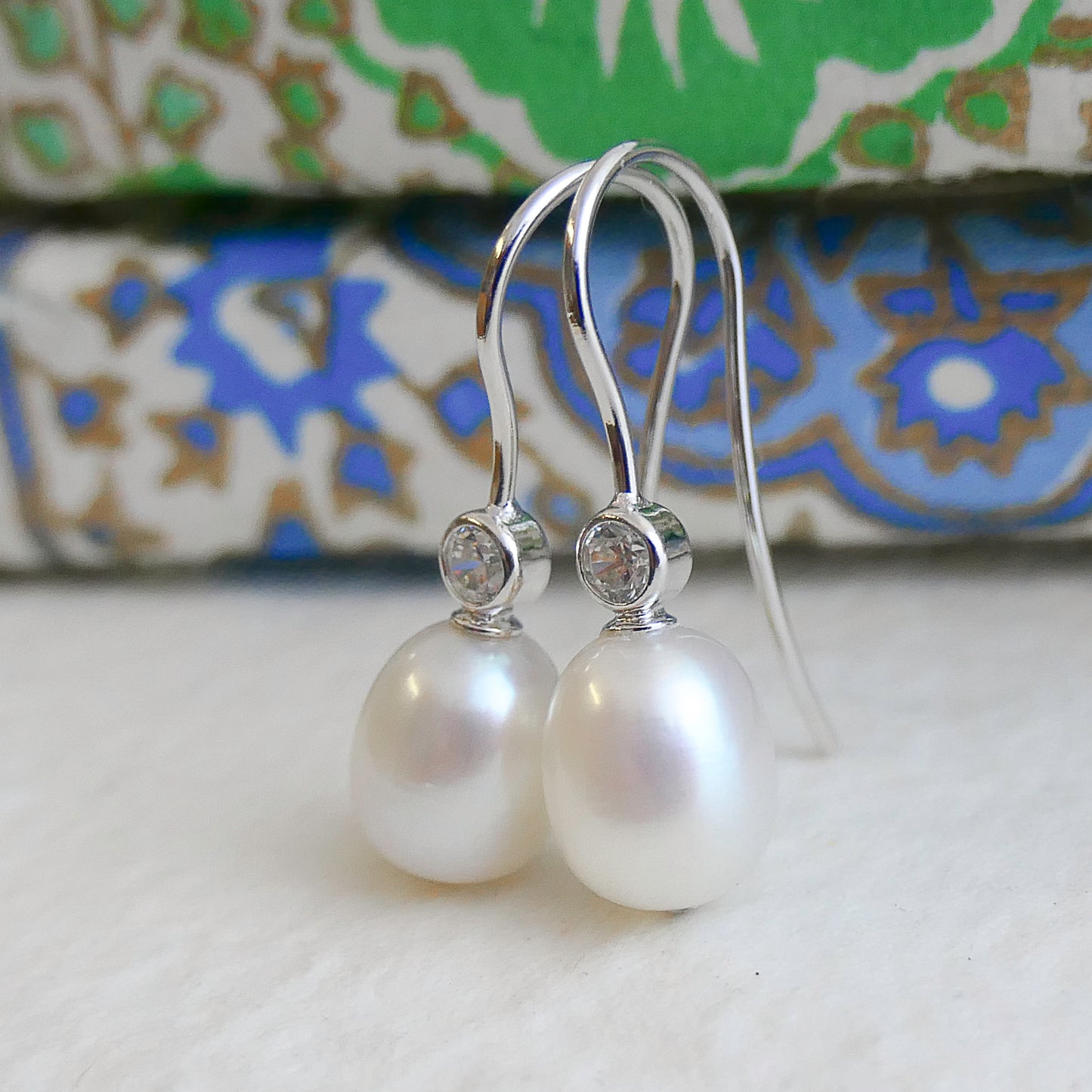 8-9mm Cultured Freshwater Pearl and Cubic Zirconia Sterling Silver Drop Dangle Earrings