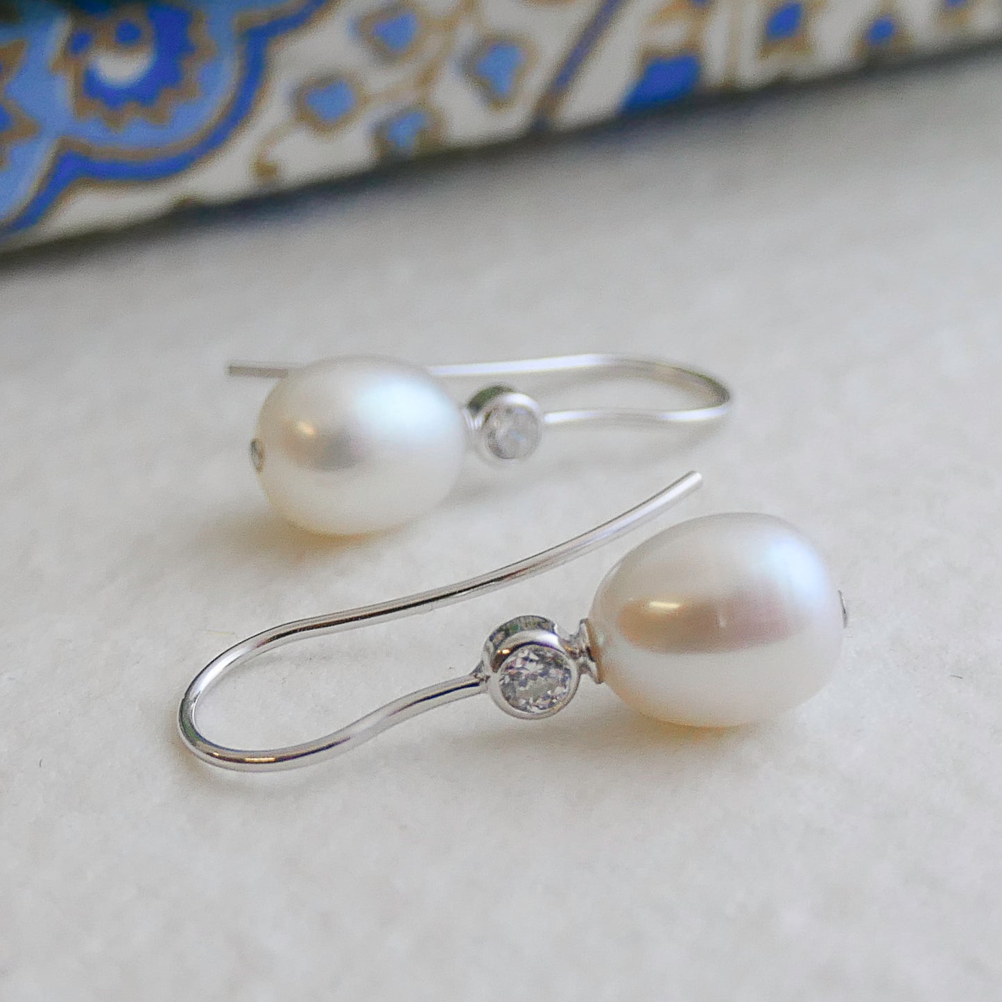8-9mm Cultured Freshwater Pearl and Cubic Zirconia Sterling Silver Drop Dangle Earrings