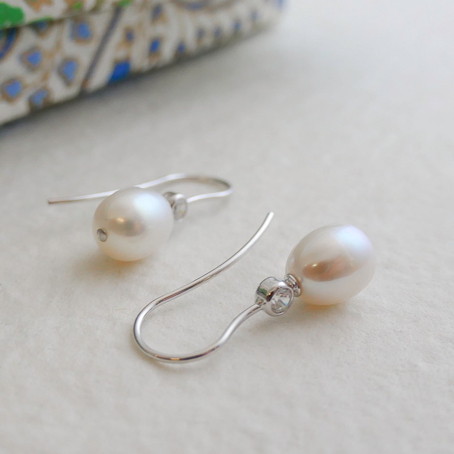 8-9mm Cultured Freshwater Pearl and Cubic Zirconia Sterling Silver Drop Dangle Earrings