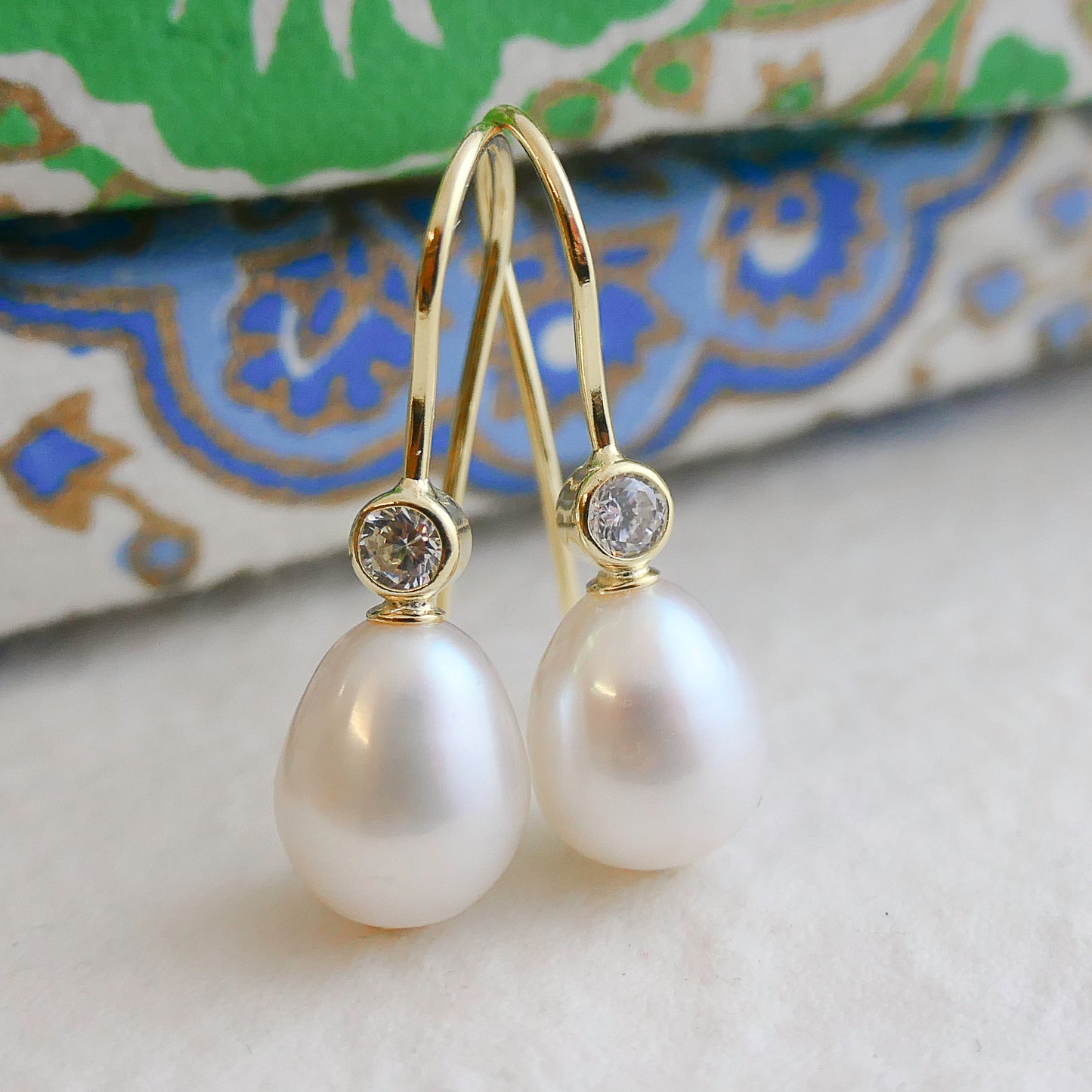 8-9mm Cultured Freshwater Pearl and Cubic Zirconia Gold Plated Sterling Silver Drop Dangle Earrings