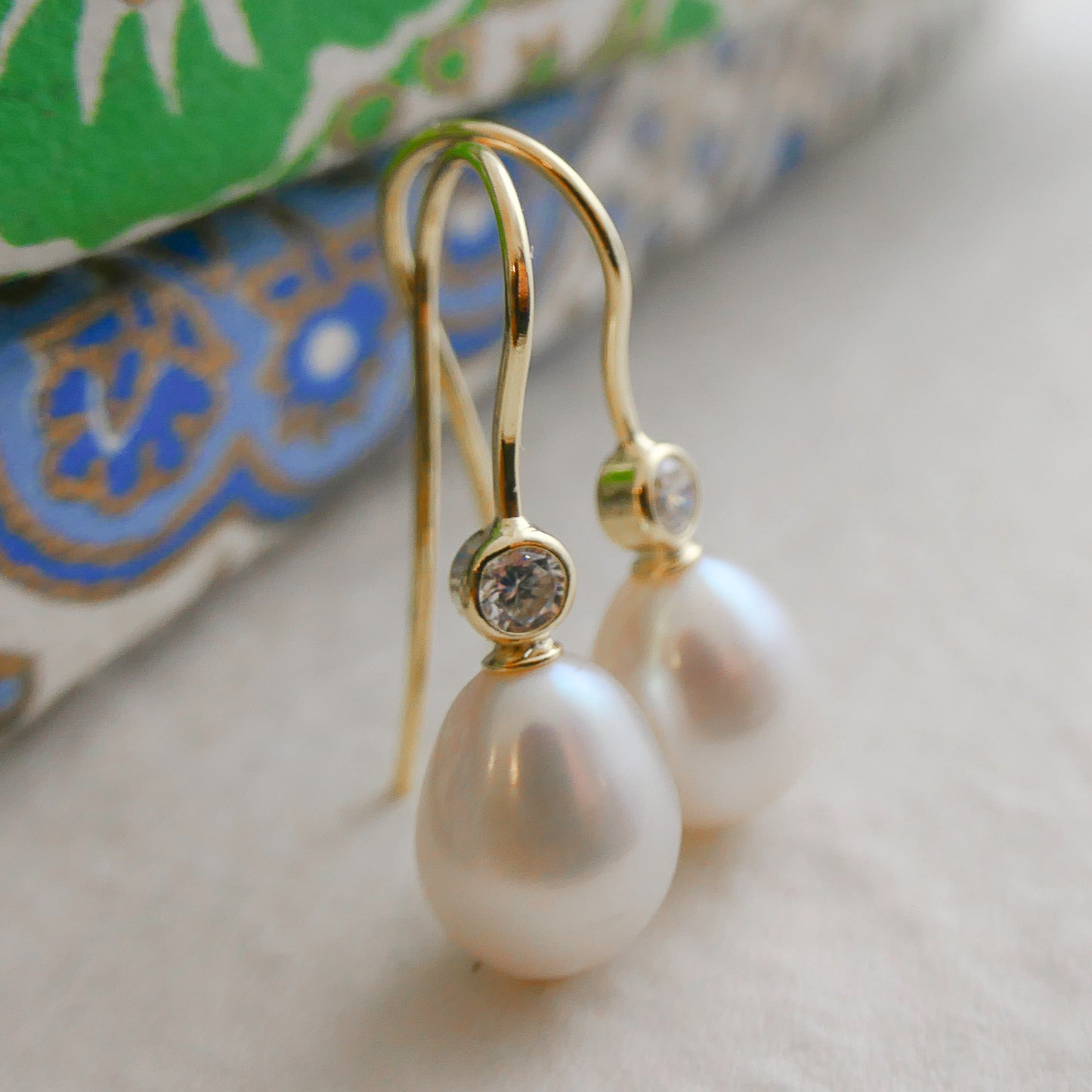 8-9mm Cultured Freshwater Pearl and Cubic Zirconia Gold Plated Sterling Silver Drop Dangle Earrings