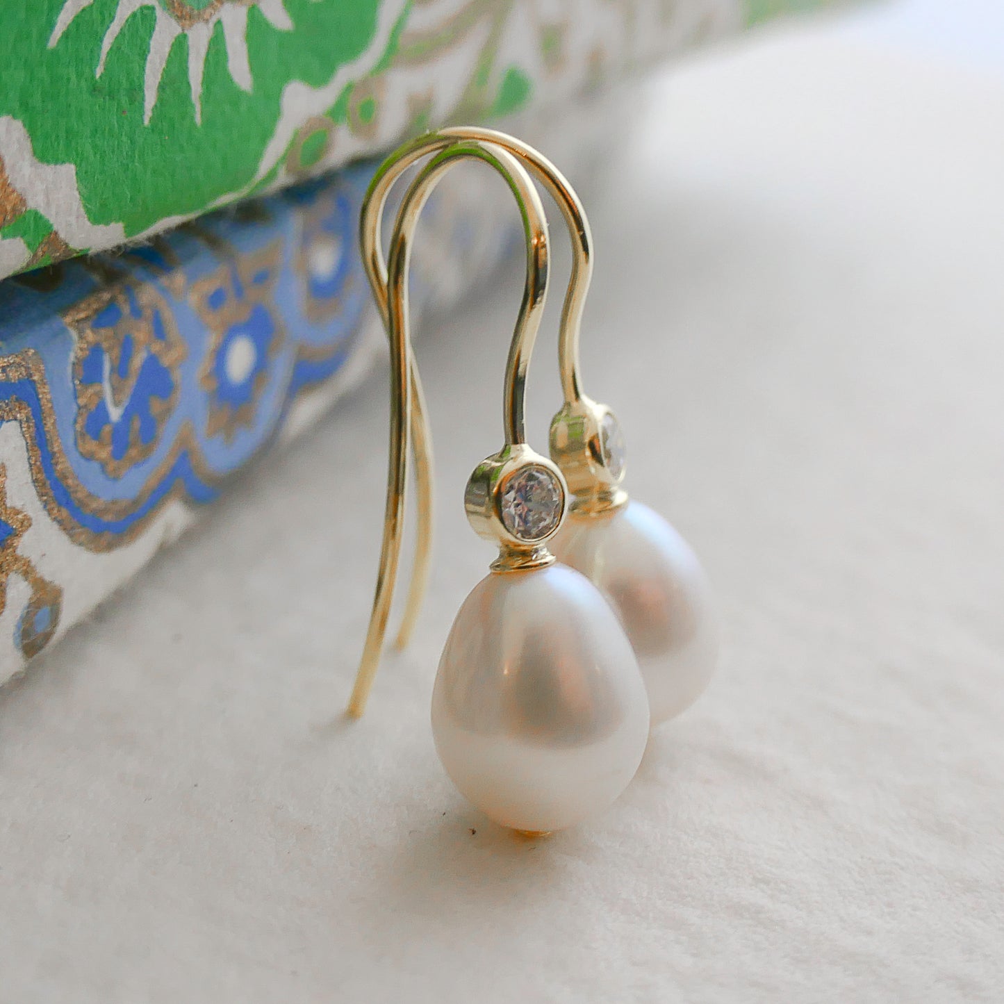 8-9mm Cultured Freshwater Pearl and Cubic Zirconia Gold Plated Sterling Silver Drop Dangle Earrings