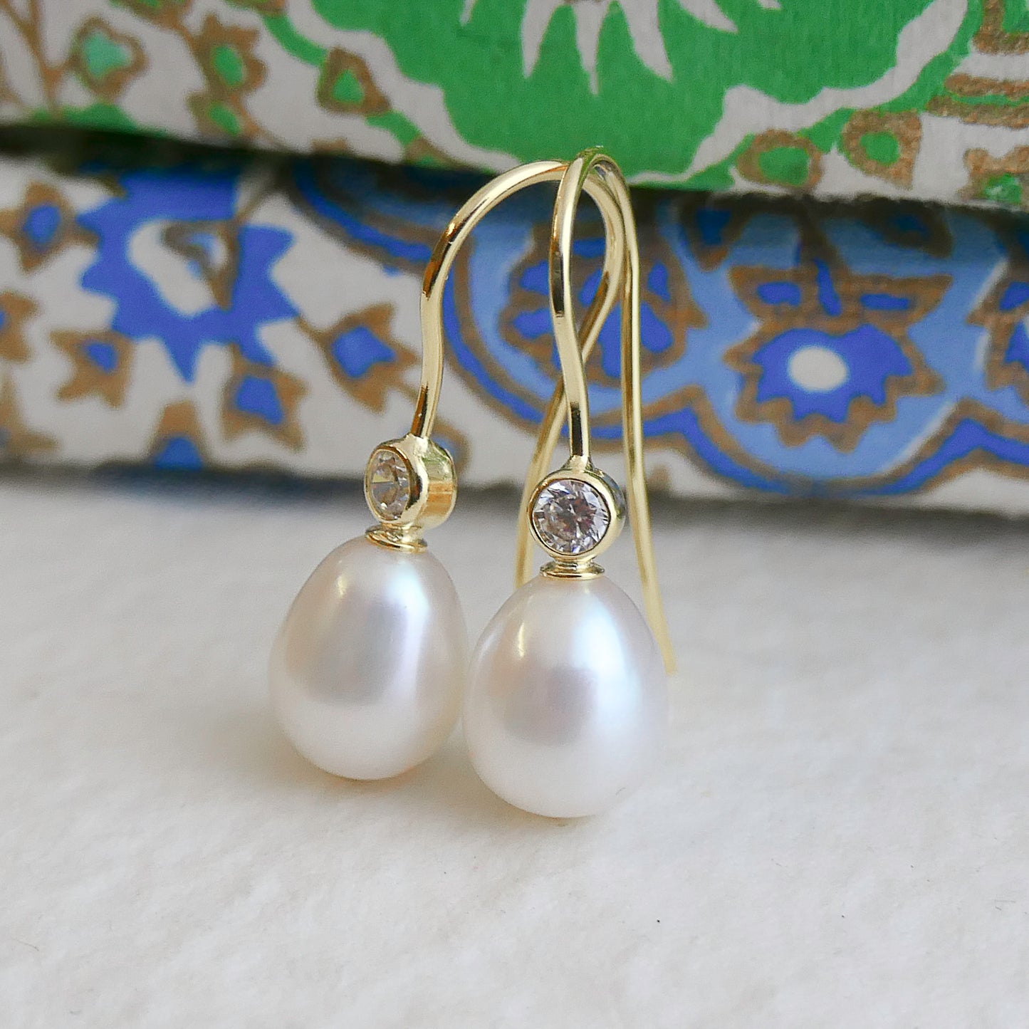 8-9mm Cultured Freshwater Pearl and Cubic Zirconia Gold Plated Sterling Silver Drop Dangle Earrings