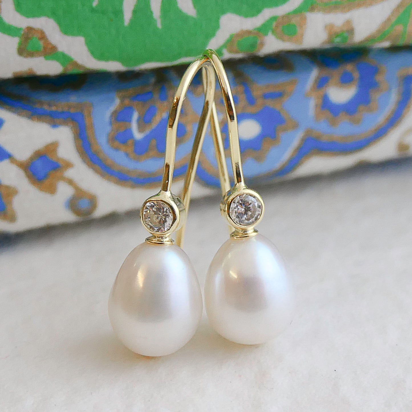 8-9mm Cultured Freshwater Pearl and Cubic Zirconia Gold Plated Sterling Silver Drop Dangle Earrings