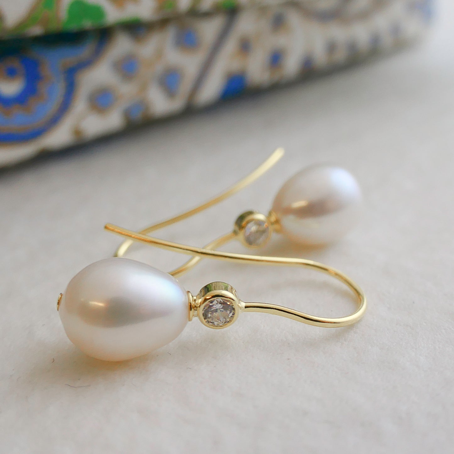 8-9mm Cultured Freshwater Pearl and Cubic Zirconia Gold Plated Sterling Silver Drop Dangle Earrings