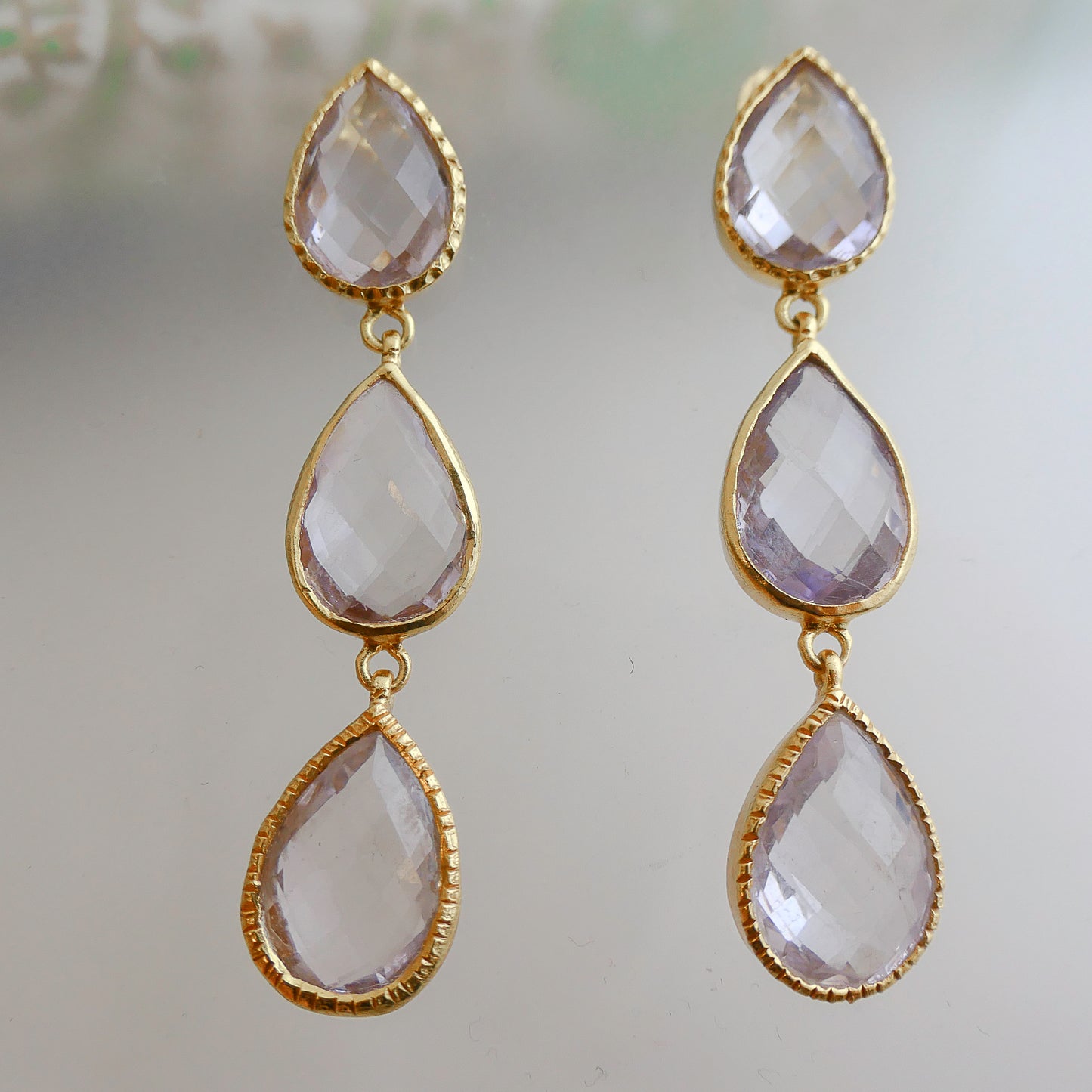 Amethyst Triple Gold Plated Sterling Silver Post Drop Earrings