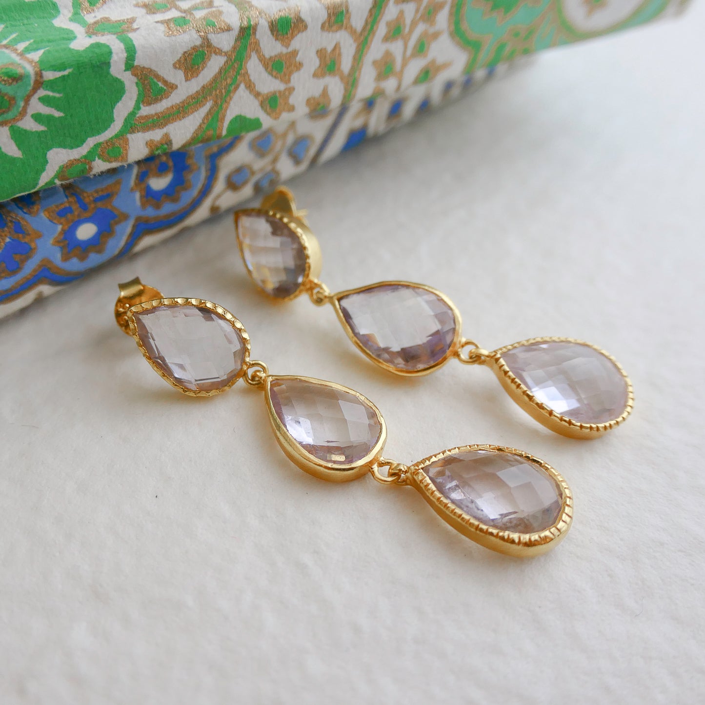 Amethyst Triple Gold Plated Sterling Silver Post Drop Earrings