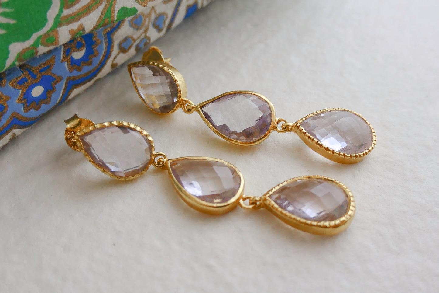Amethyst Triple Gold Plated Sterling Silver Post Drop Earrings