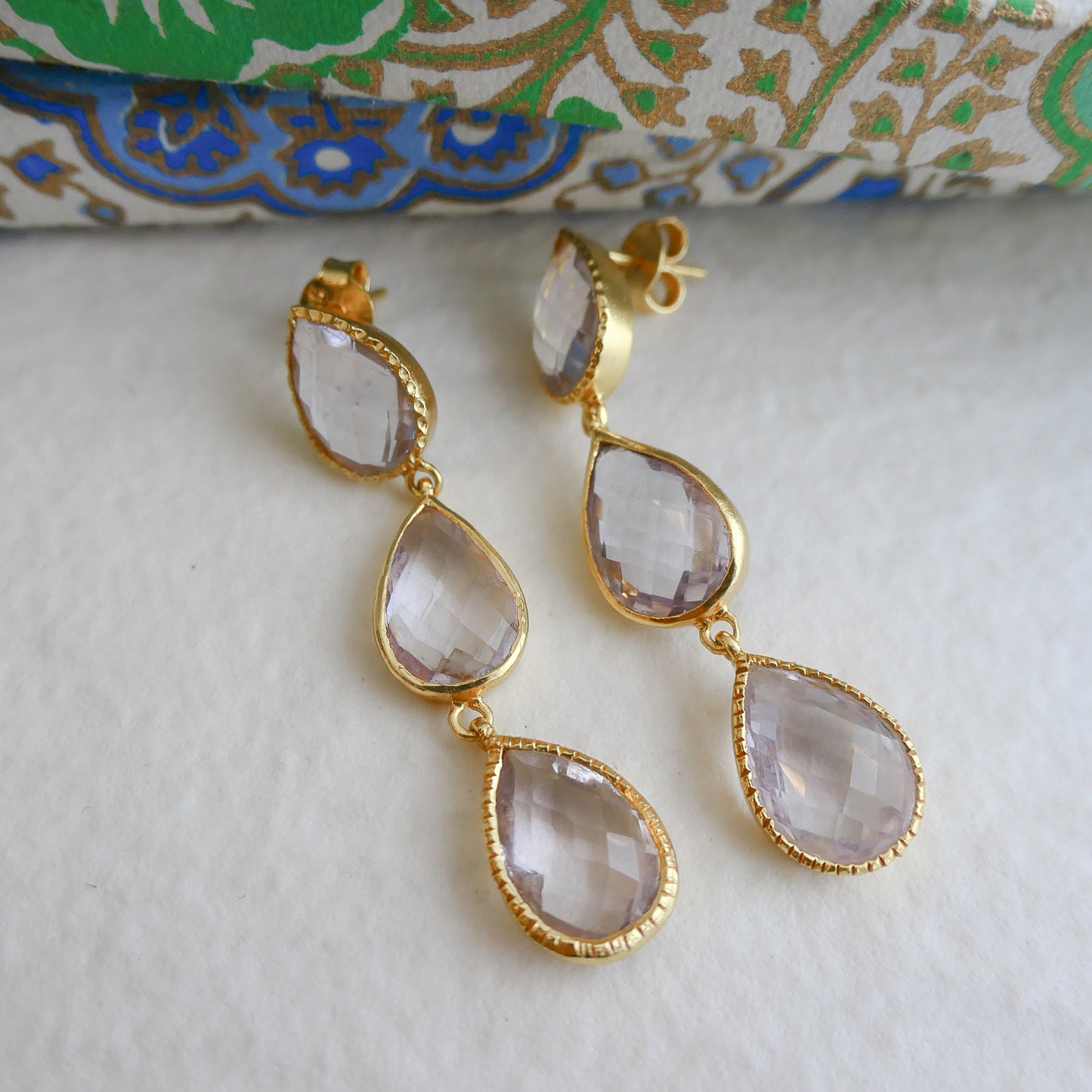 Amethyst Triple Gold Plated Sterling Silver Post Drop Earrings