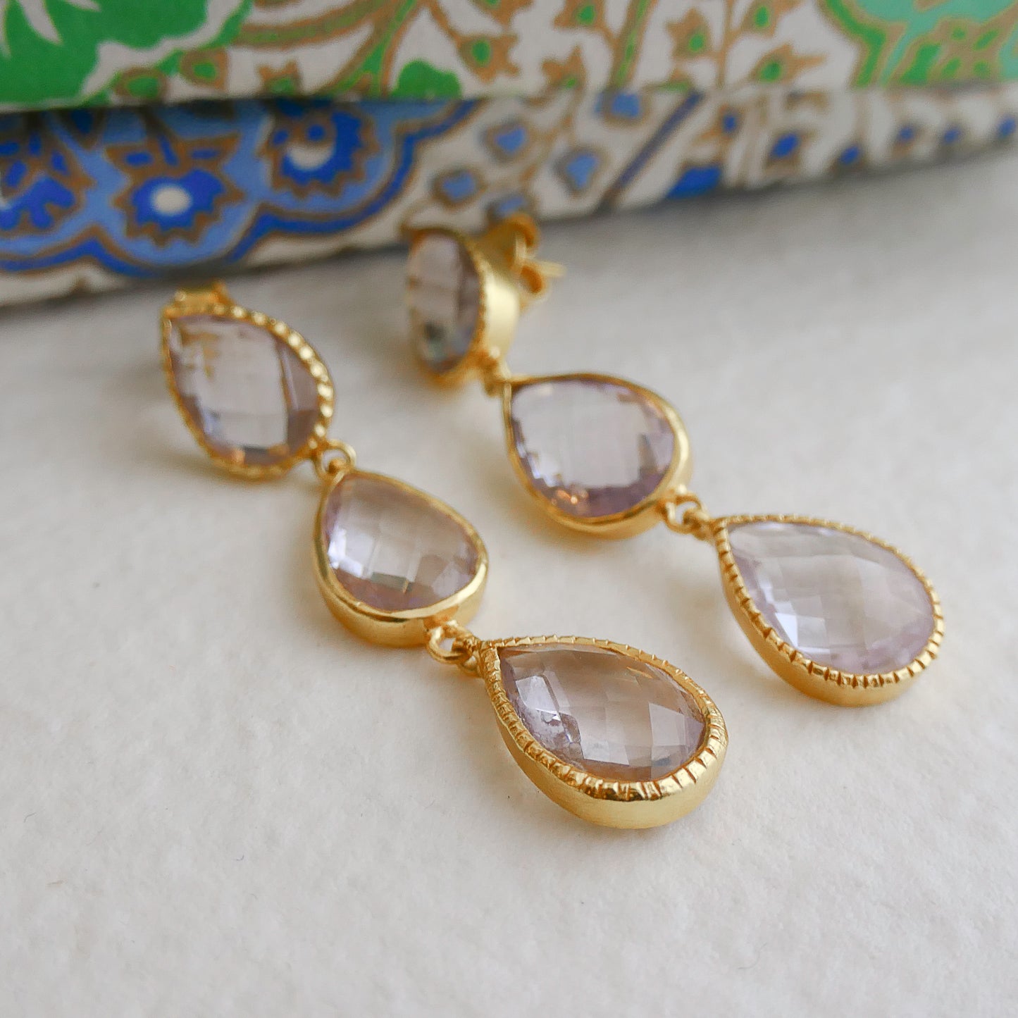 Amethyst Triple Gold Plated Sterling Silver Post Drop Earrings