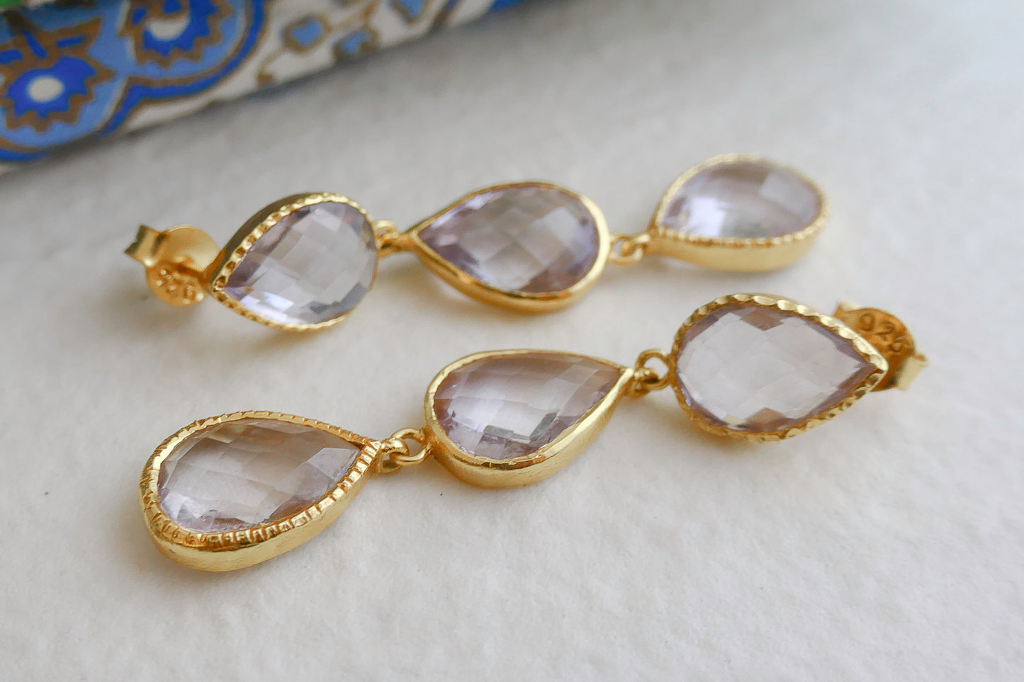 Amethyst Triple Gold Plated Sterling Silver Post Drop Earrings