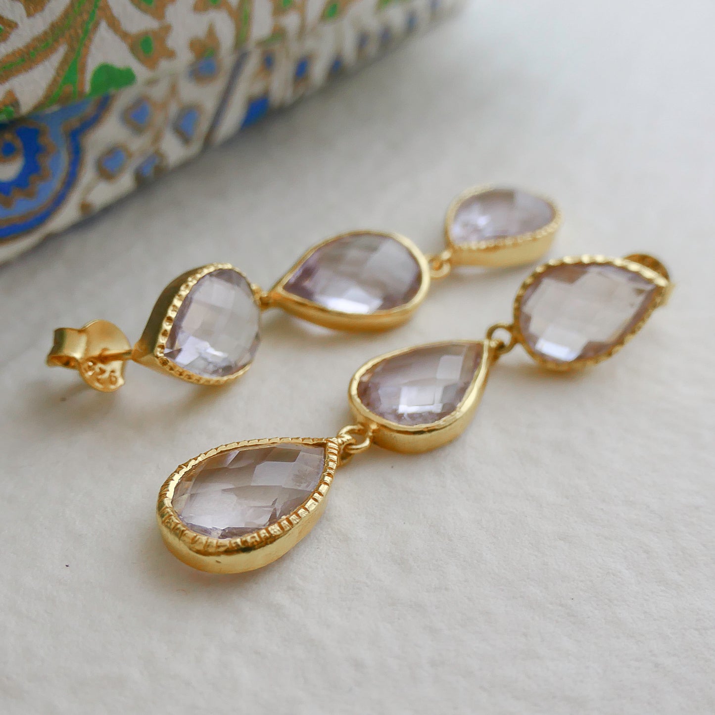 Amethyst Triple Gold Plated Sterling Silver Post Drop Earrings