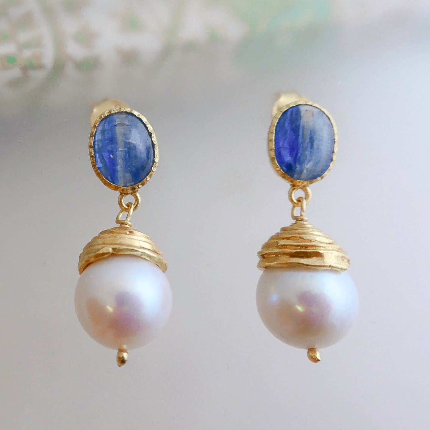 Kyanite and Cultured Pearl Gold Plated Sterling Silver Post Drop Earrings