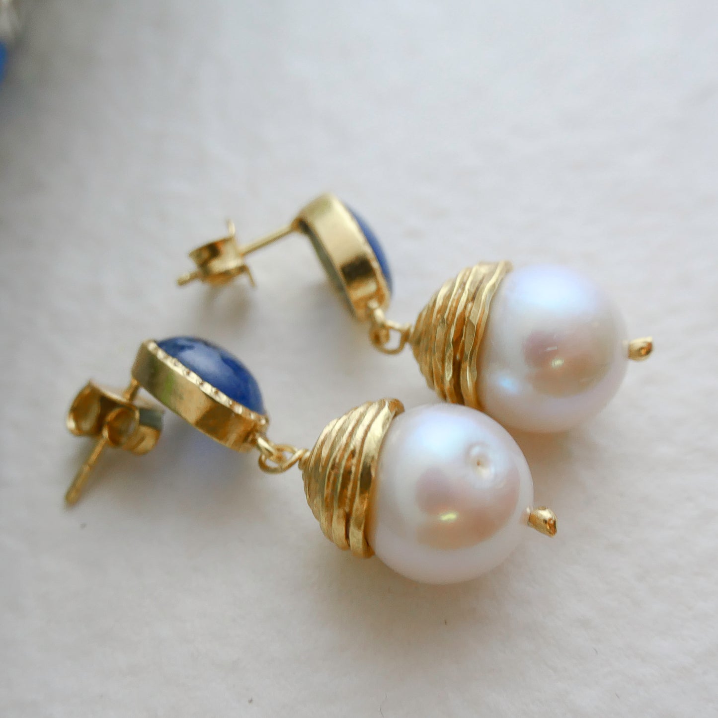 Kyanite and Cultured Pearl Gold Plated Sterling Silver Post Drop Earrings