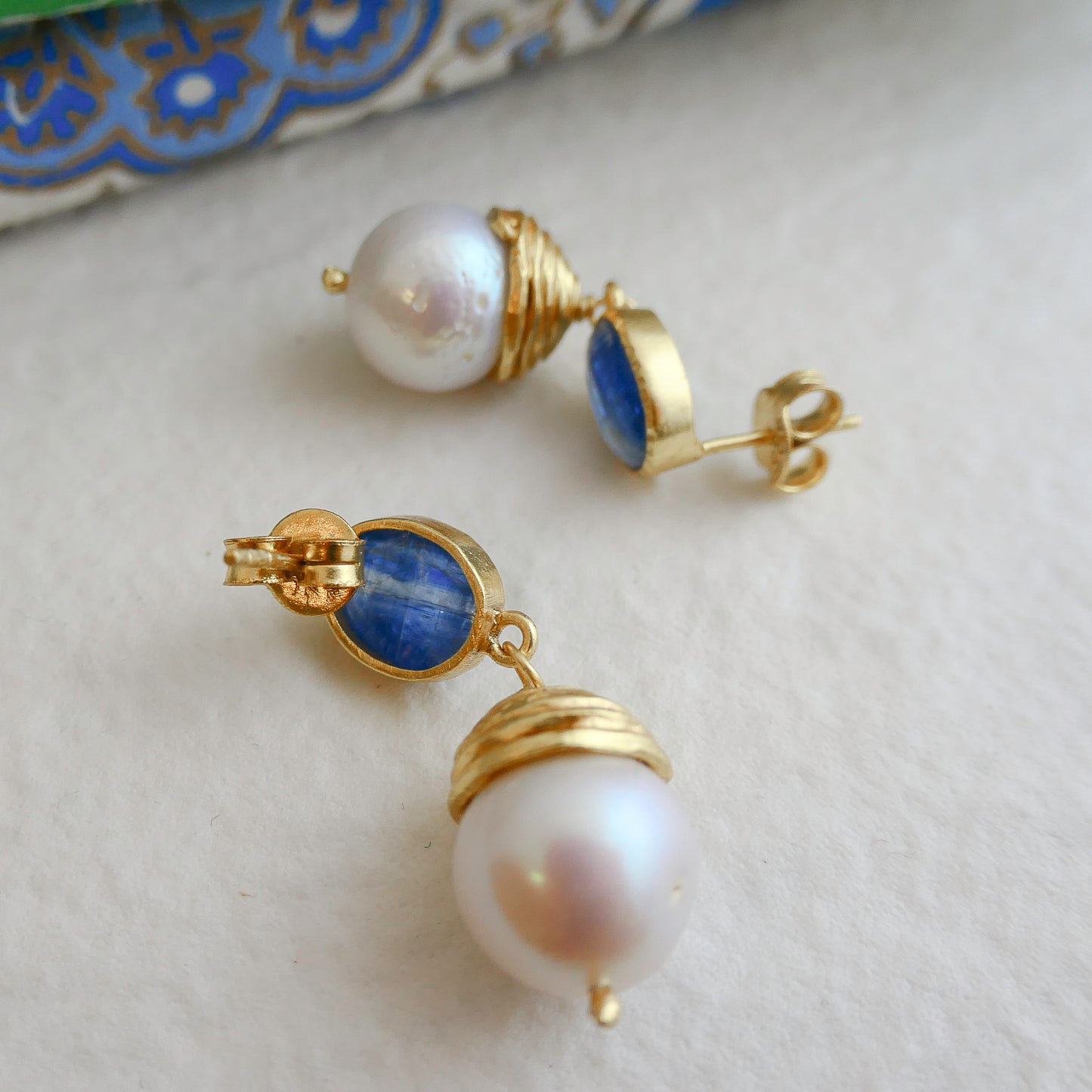 Kyanite and Cultured Pearl Gold Plated Sterling Silver Post Drop Earrings