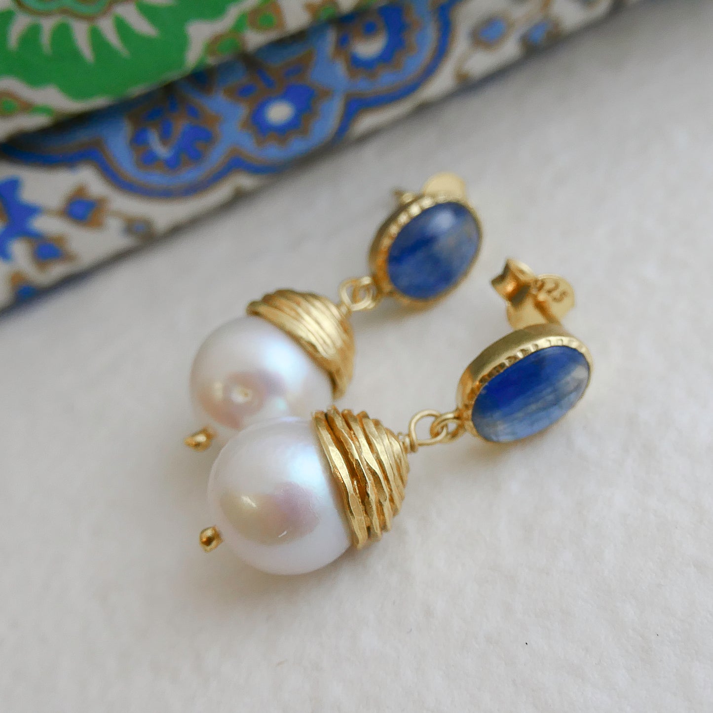 Kyanite and Cultured Pearl Gold Plated Sterling Silver Post Drop Earrings