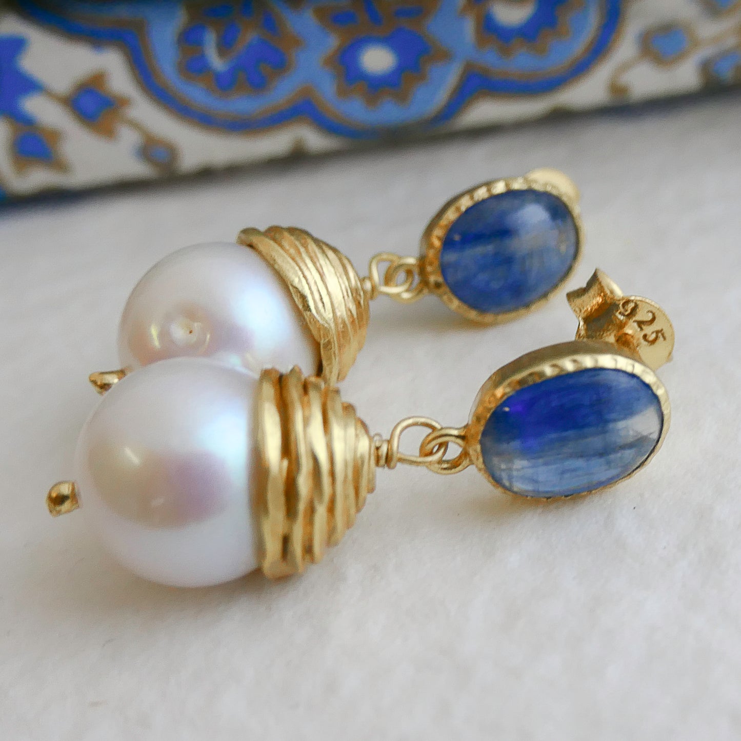 Kyanite and Cultured Pearl Gold Plated Sterling Silver Post Drop Earrings
