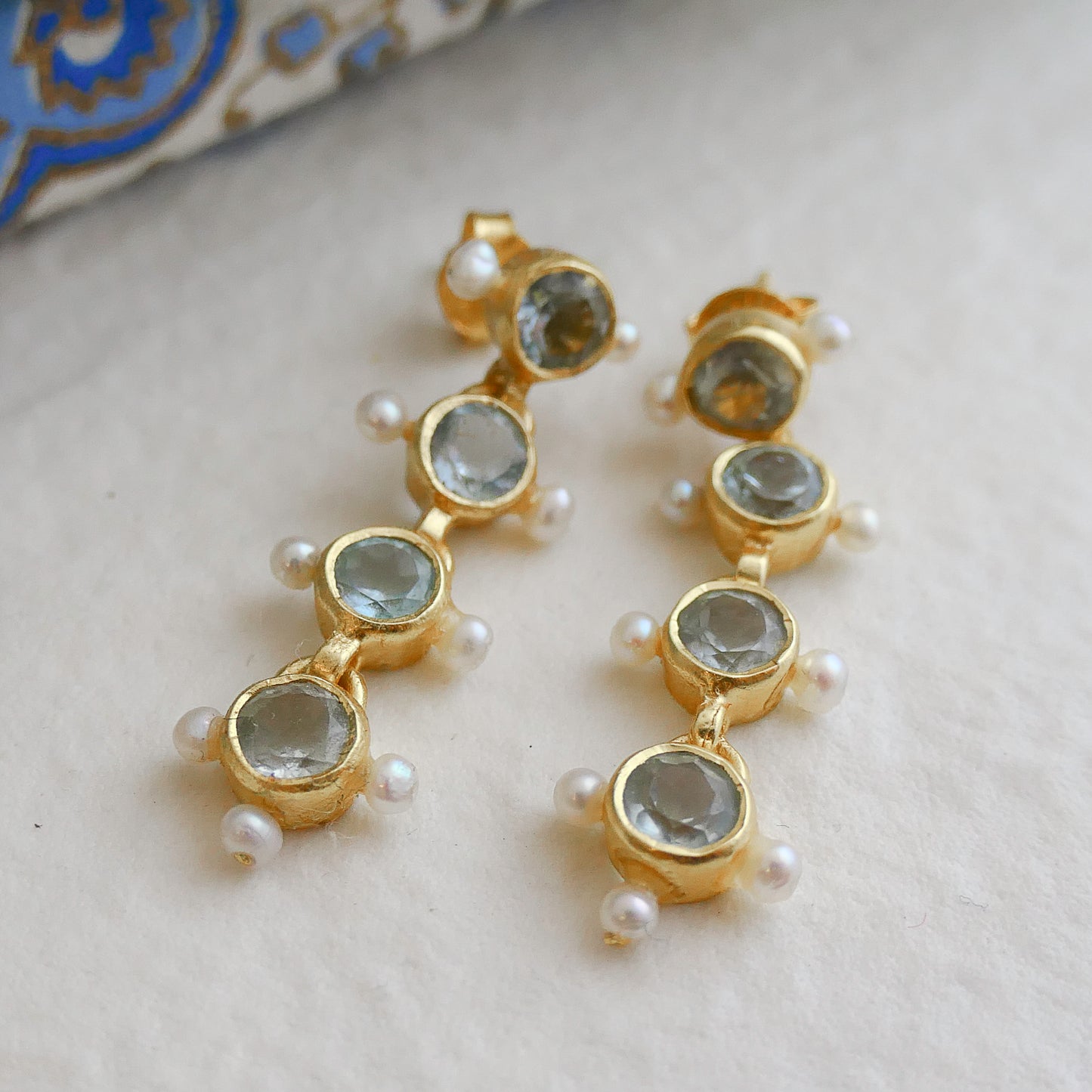 Blue Topaz and Cultured Pearl Gold Plated Sterling Silver Post Drop Earrings