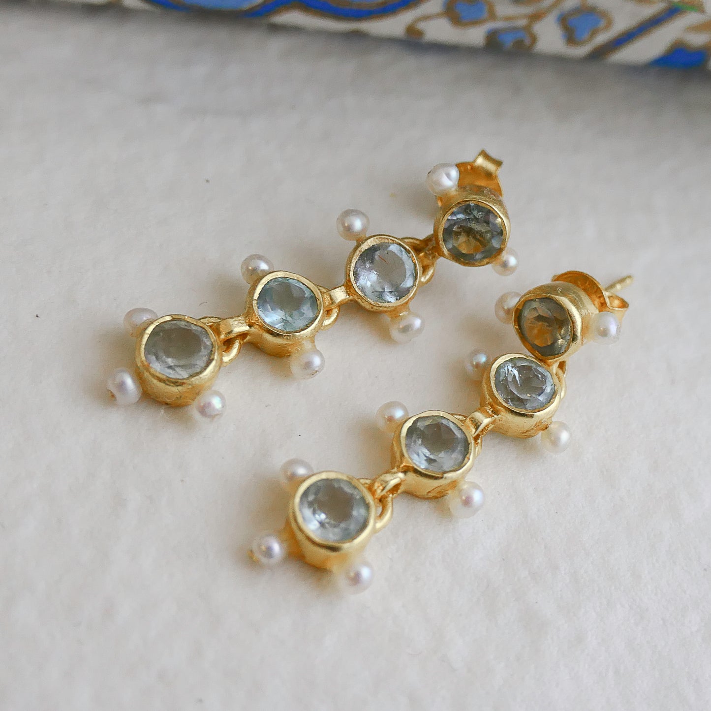 Blue Topaz and Cultured Pearl Gold Plated Sterling Silver Post Drop Earrings