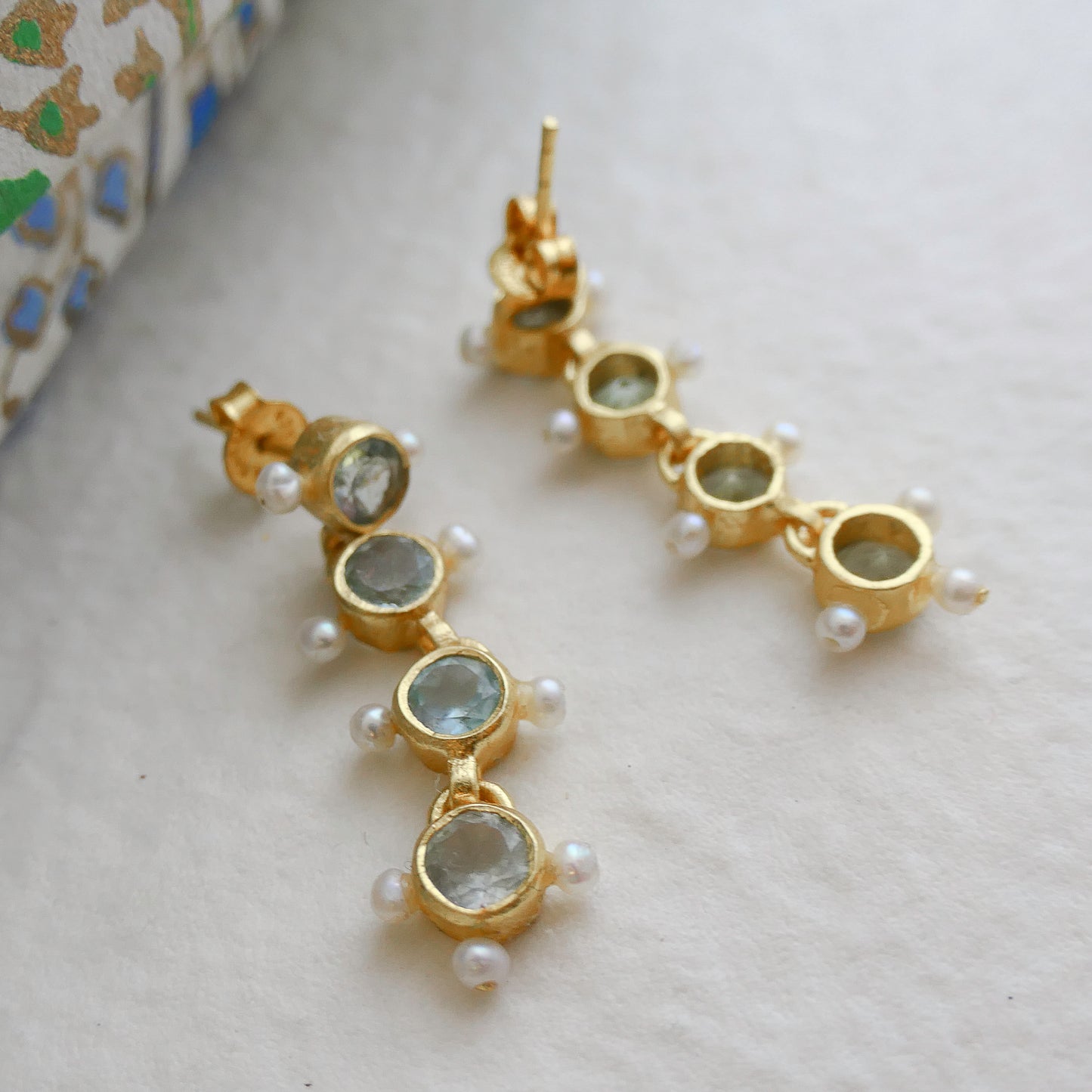 Blue Topaz and Cultured Pearl Gold Plated Sterling Silver Post Drop Earrings
