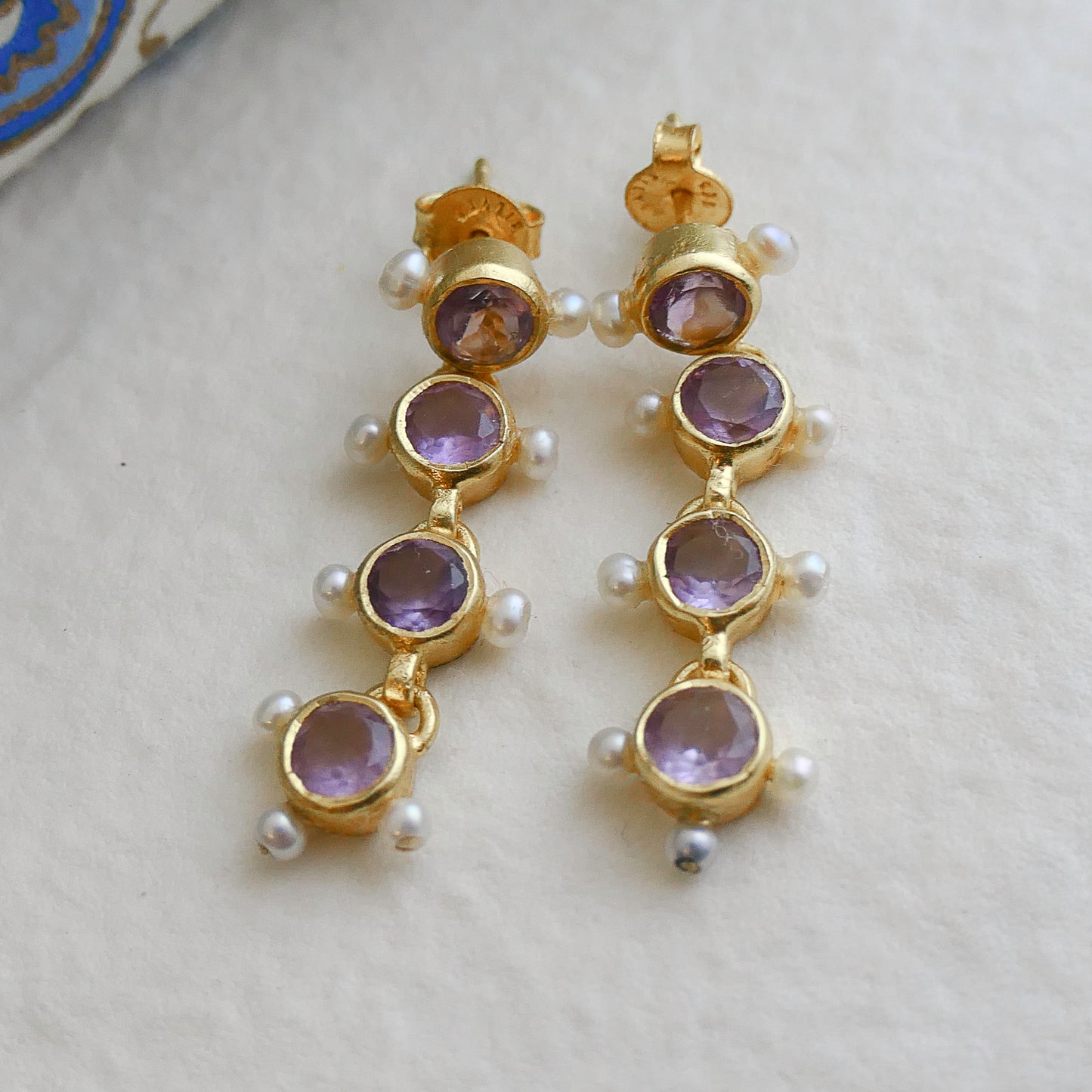 Amethyst and Cultured Pearl Gold Plated Sterling Silver Post Drop Earrings