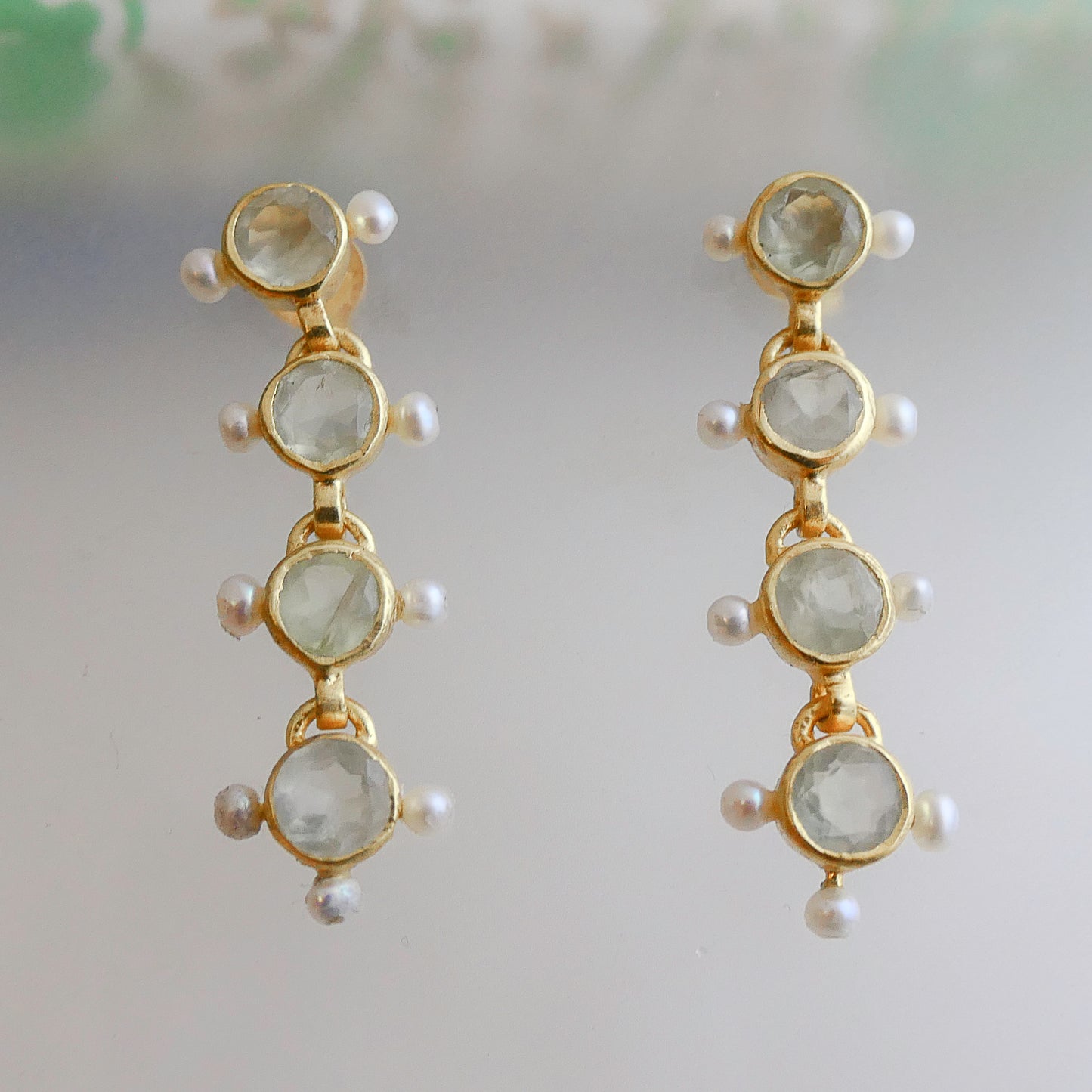 Prehnite and Cultured Pearl Gold Plated Sterling Silver Post Drop Earrings