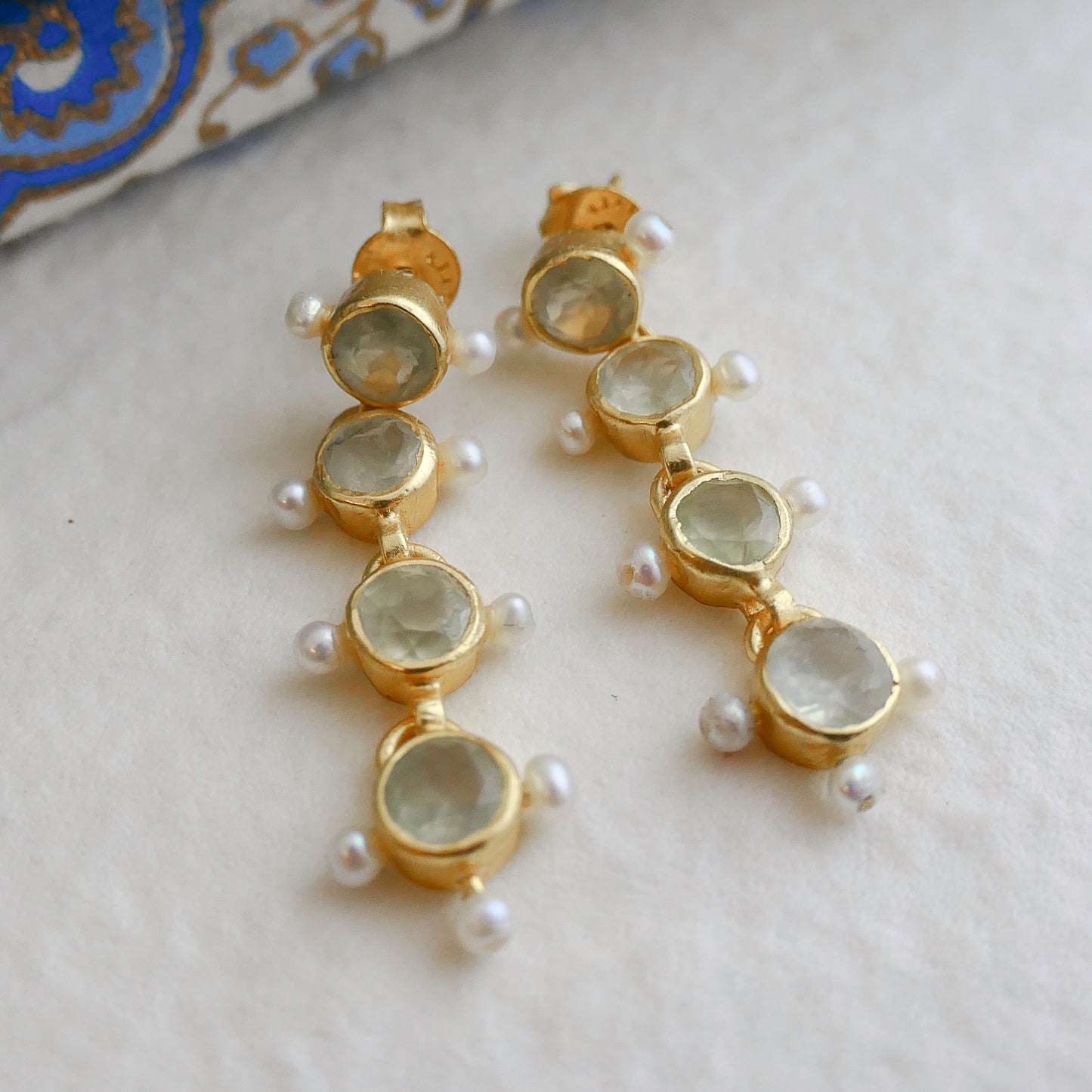 Prehnite and Cultured Pearl Gold Plated Sterling Silver Post Drop Earrings