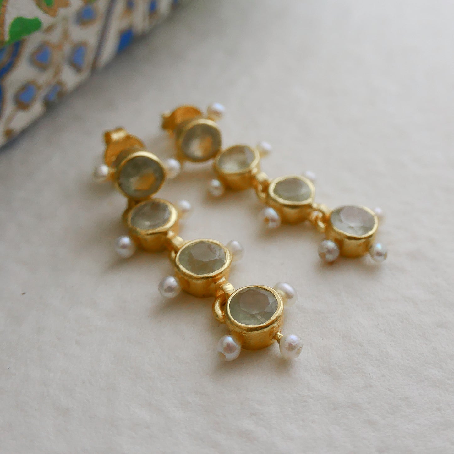 Prehnite and Cultured Pearl Gold Plated Sterling Silver Post Drop Earrings