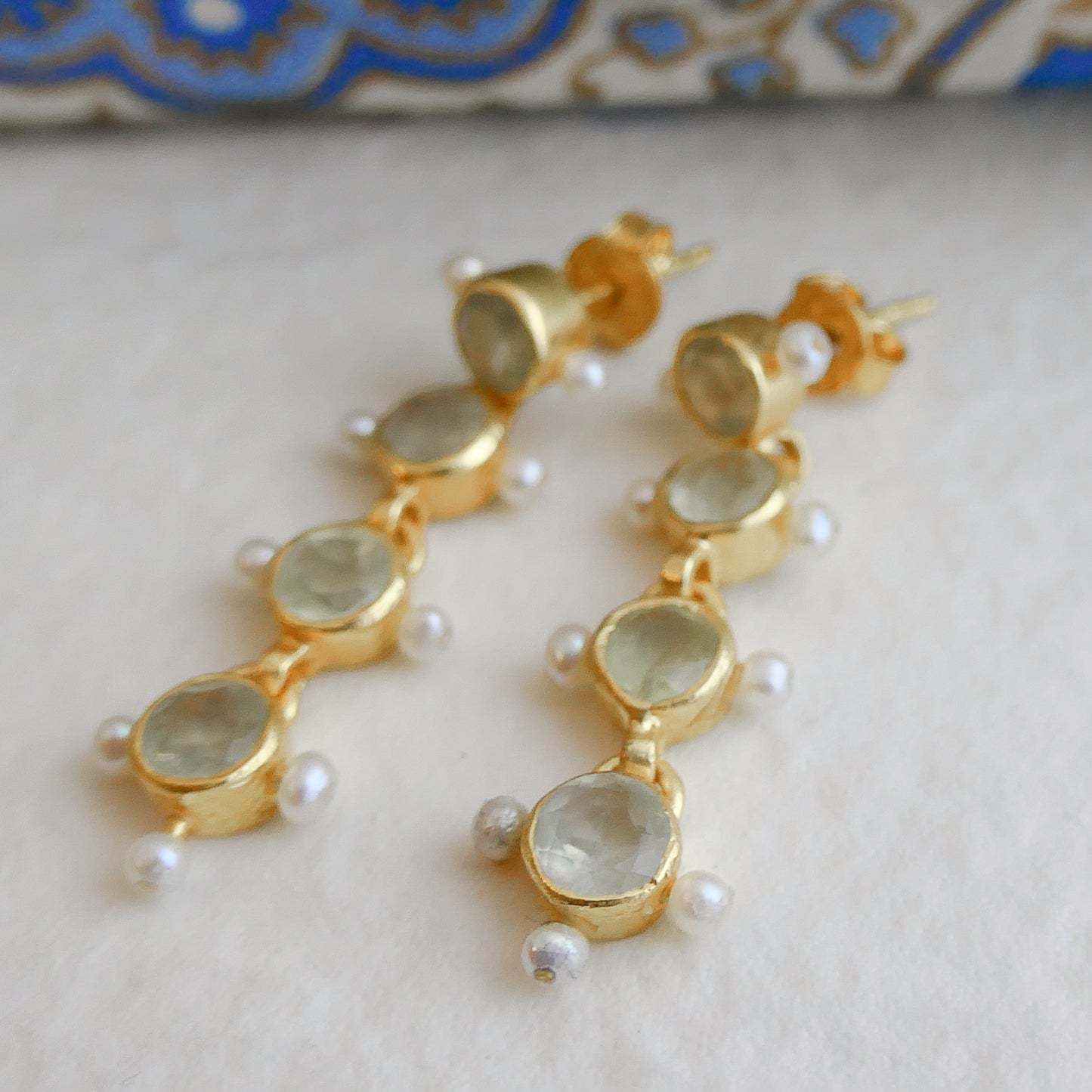 Prehnite and Cultured Pearl Gold Plated Sterling Silver Post Drop Earrings