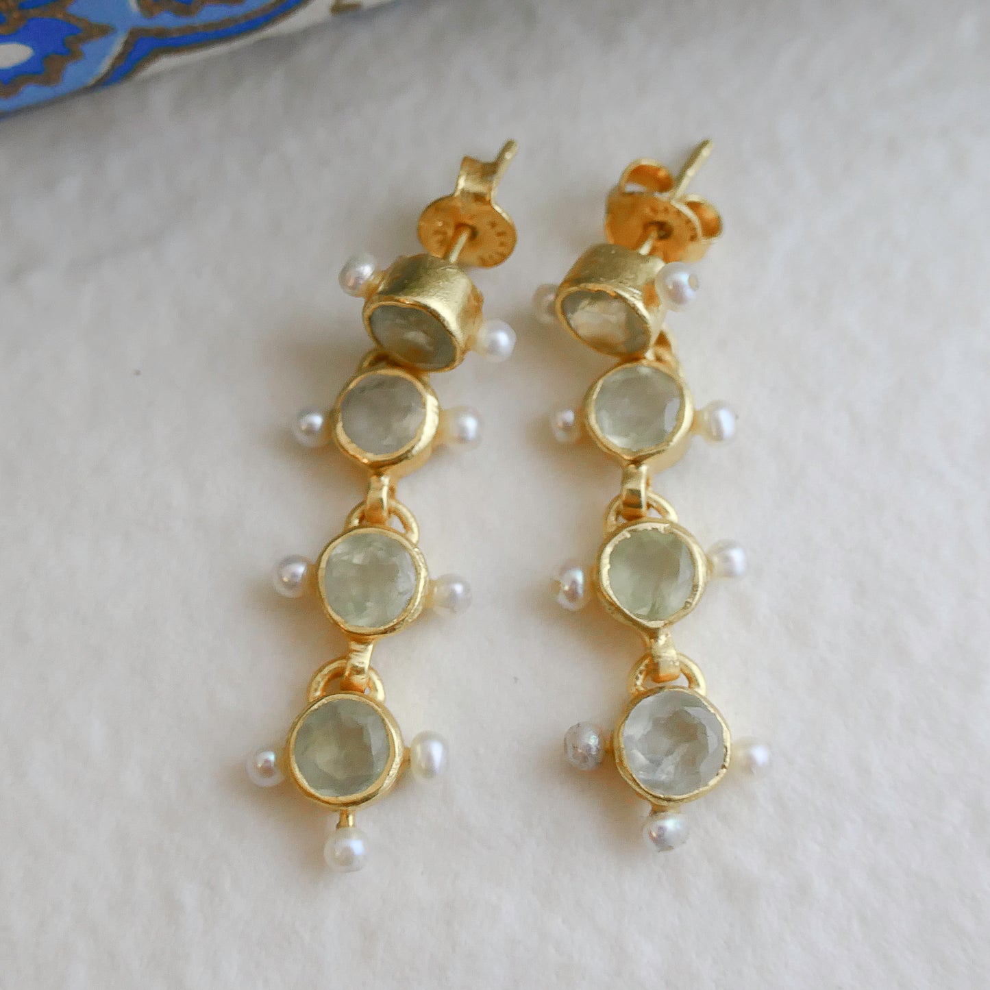 Prehnite and Cultured Pearl Gold Plated Sterling Silver Post Drop Earrings